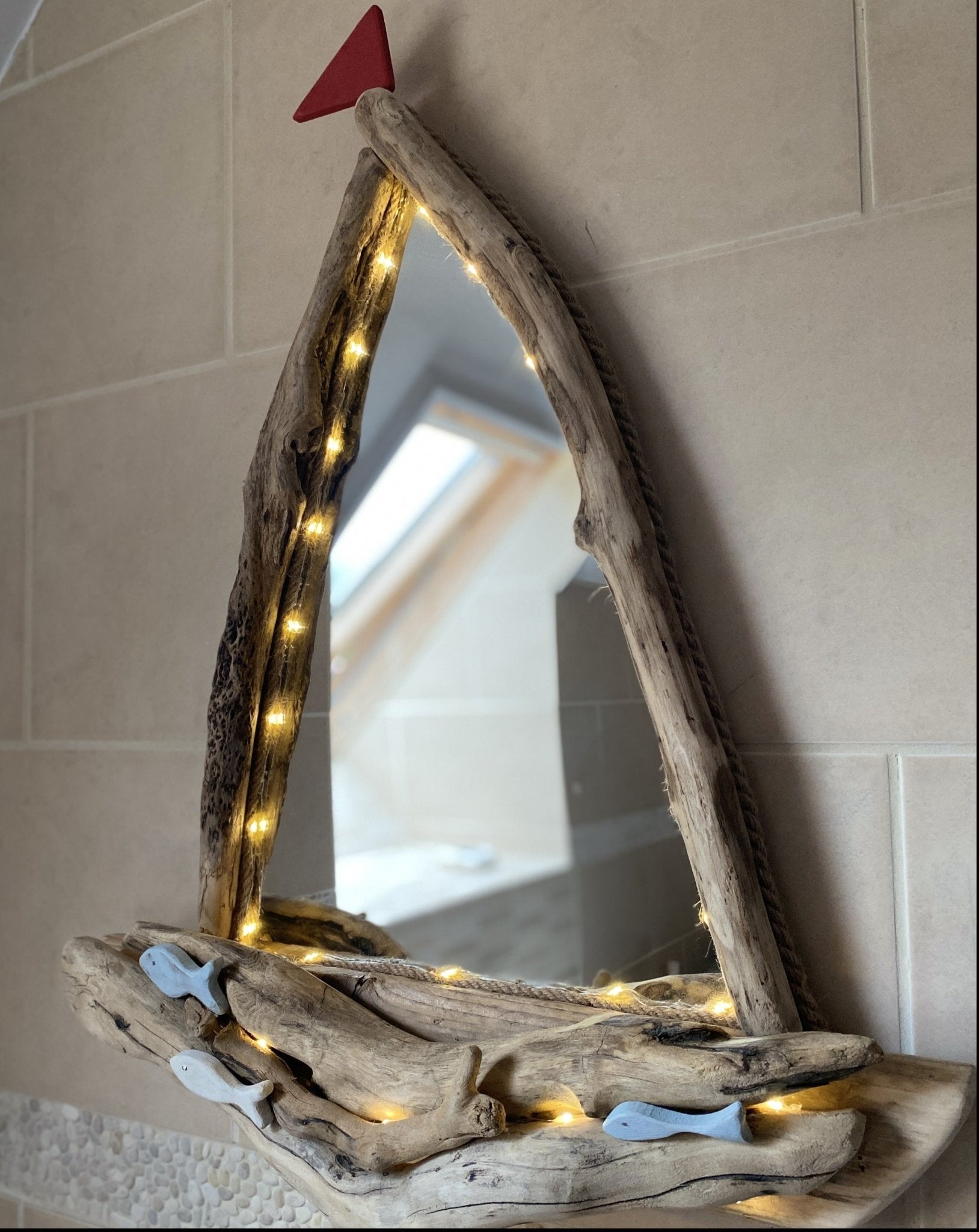 Driftwood Mirror - Sail Boat with Led Lights, Fish and Red Flag - Drift Craft by Jo