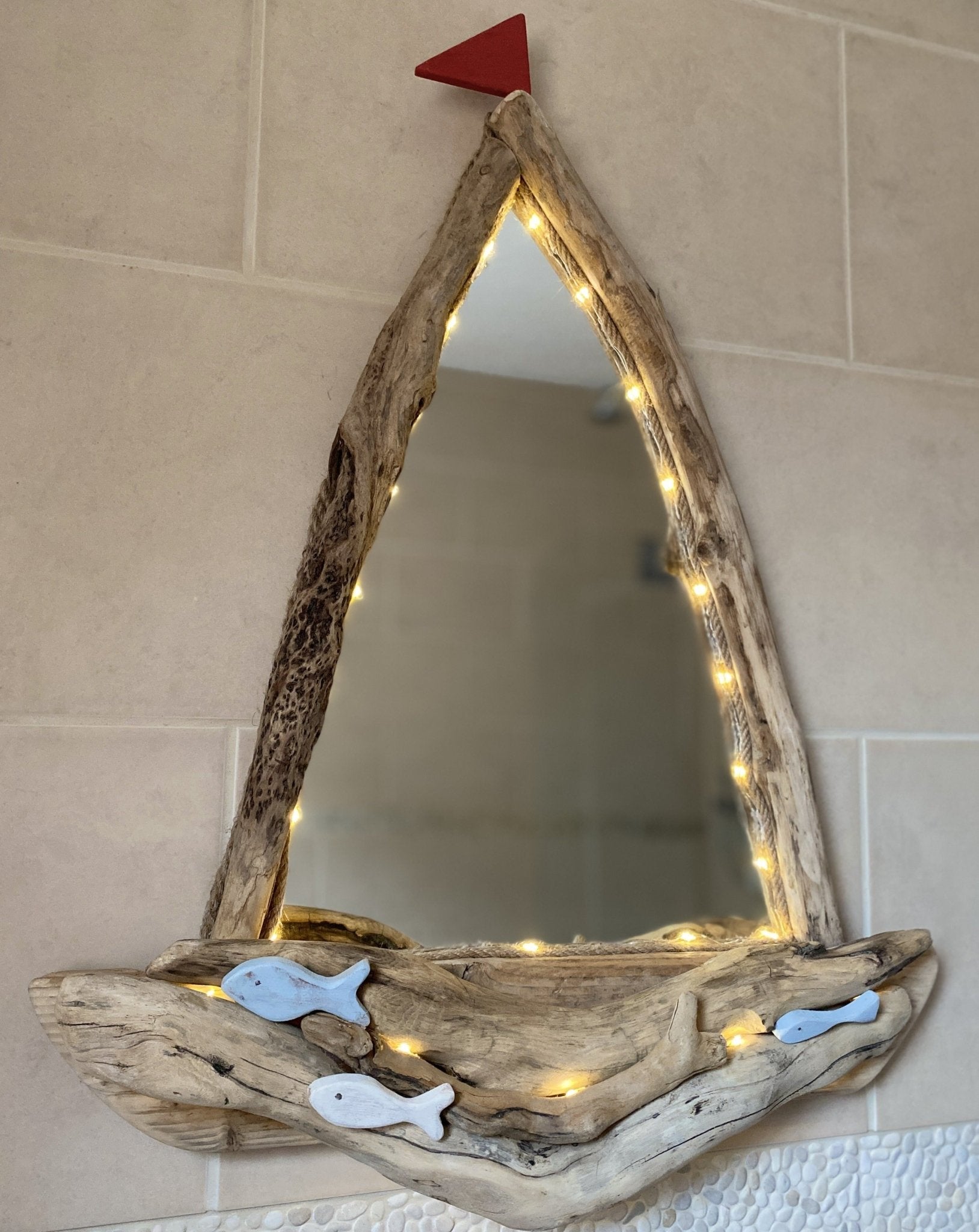Driftwood Mirror - Sail Boat with Led Lights, Fish and Red Flag - Drift Craft by Jo