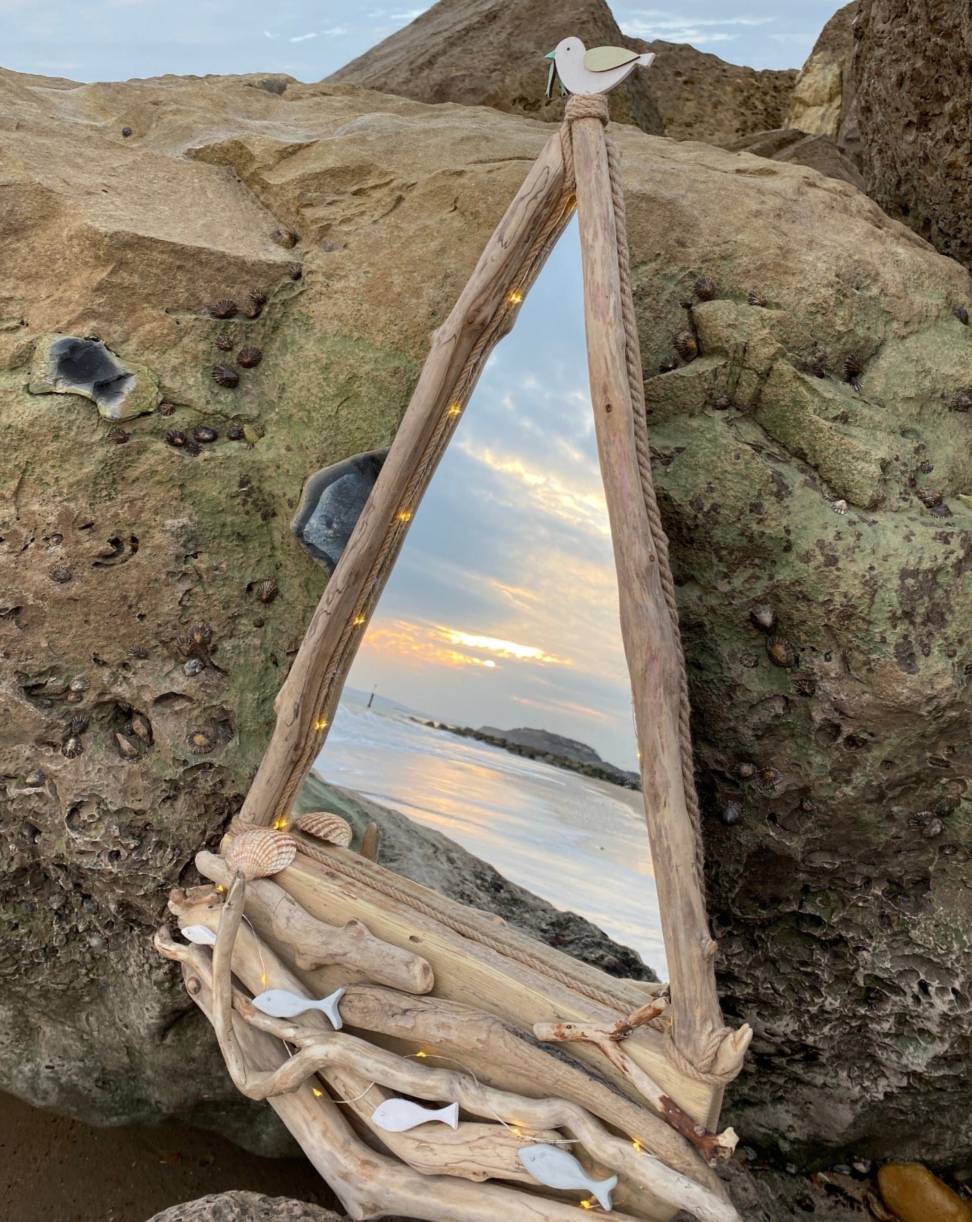 Driftwood Mirror - Sail Boat with Led Lights, Fish and Seagull - Drift Craft by Jo