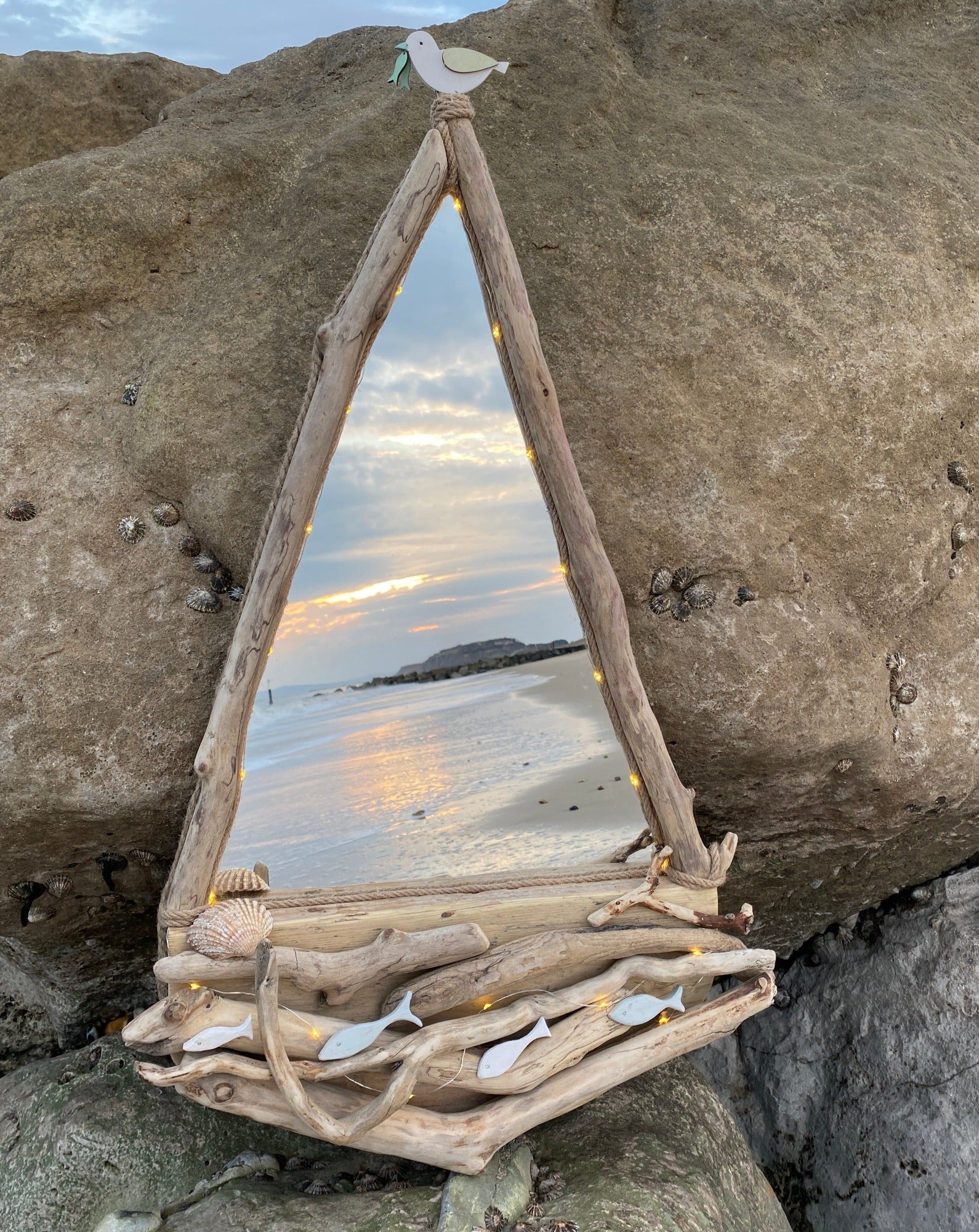 Driftwood Mirror - Sail Boat with Led Lights, Fish and Seagull - Drift Craft by Jo