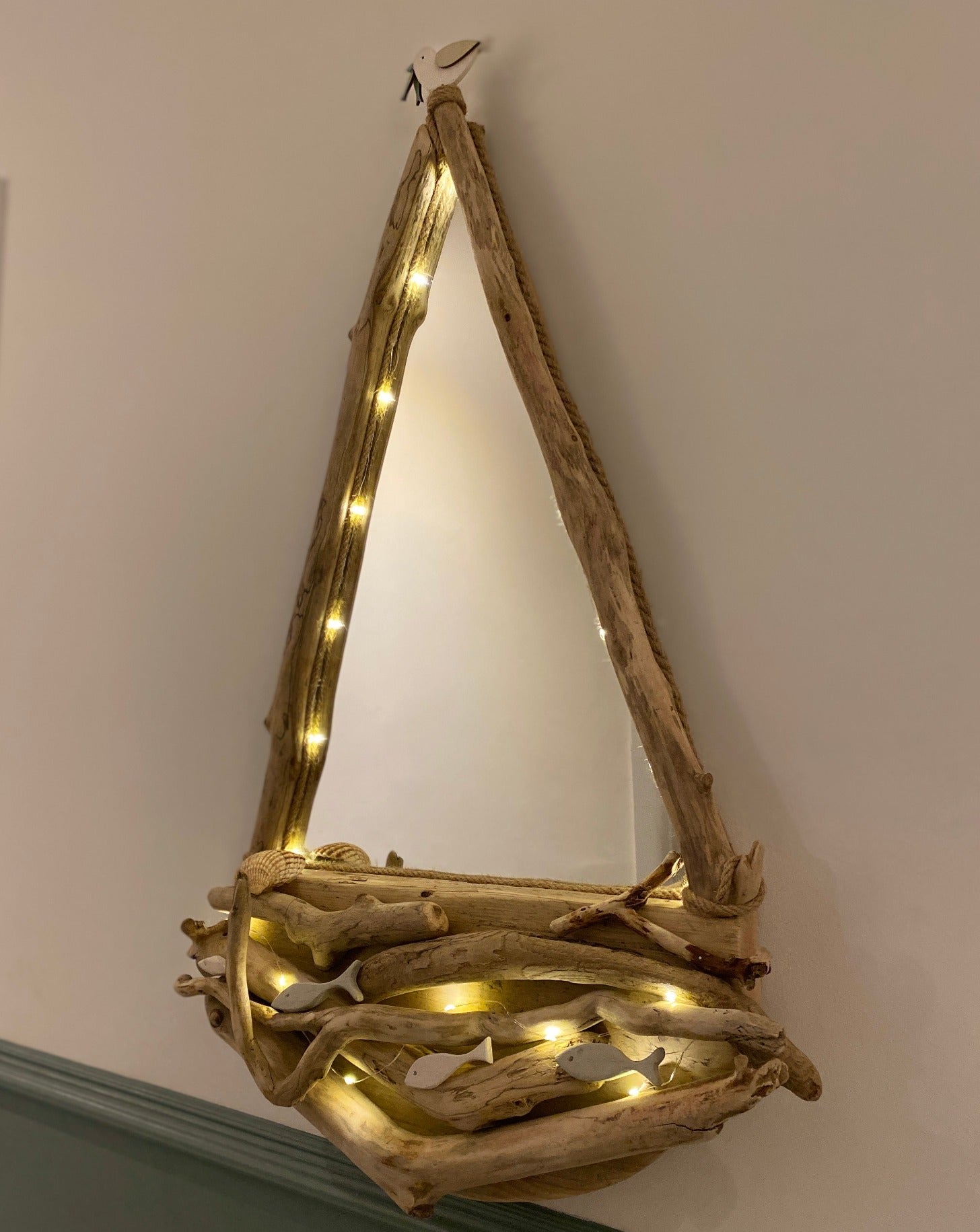 Driftwood Mirror - Sail Boat with Led Lights, Fish and Seagull - Drift Craft by Jo