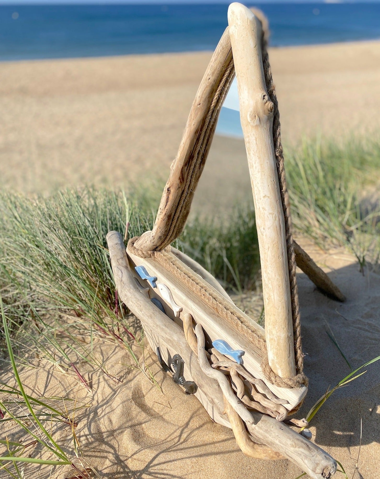 Driftwood mirror - sailboat with anchor hook and fish - Drift Craft by Jo