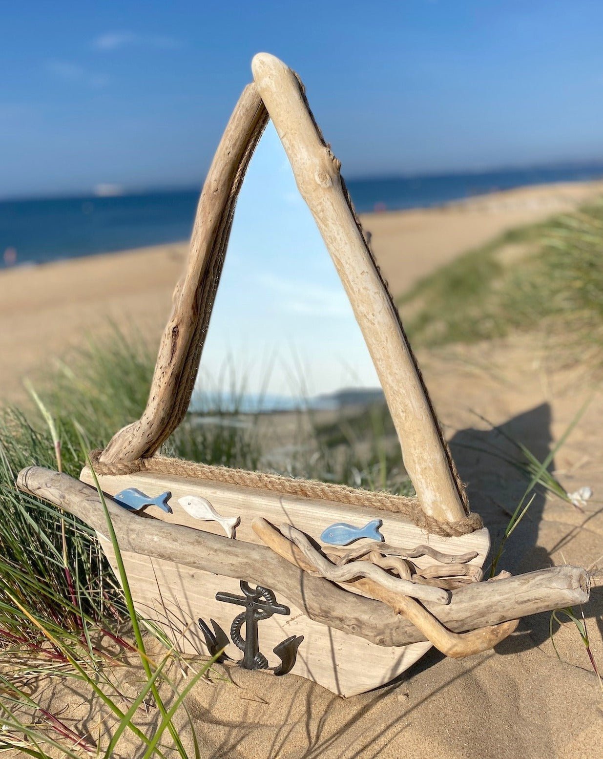 Driftwood mirror - sailboat with anchor hook and fish - Drift Craft by Jo