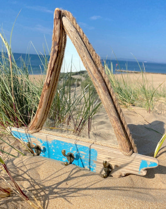 Driftwood Mirror - sailboat with hooks - Drift Craft by Jo