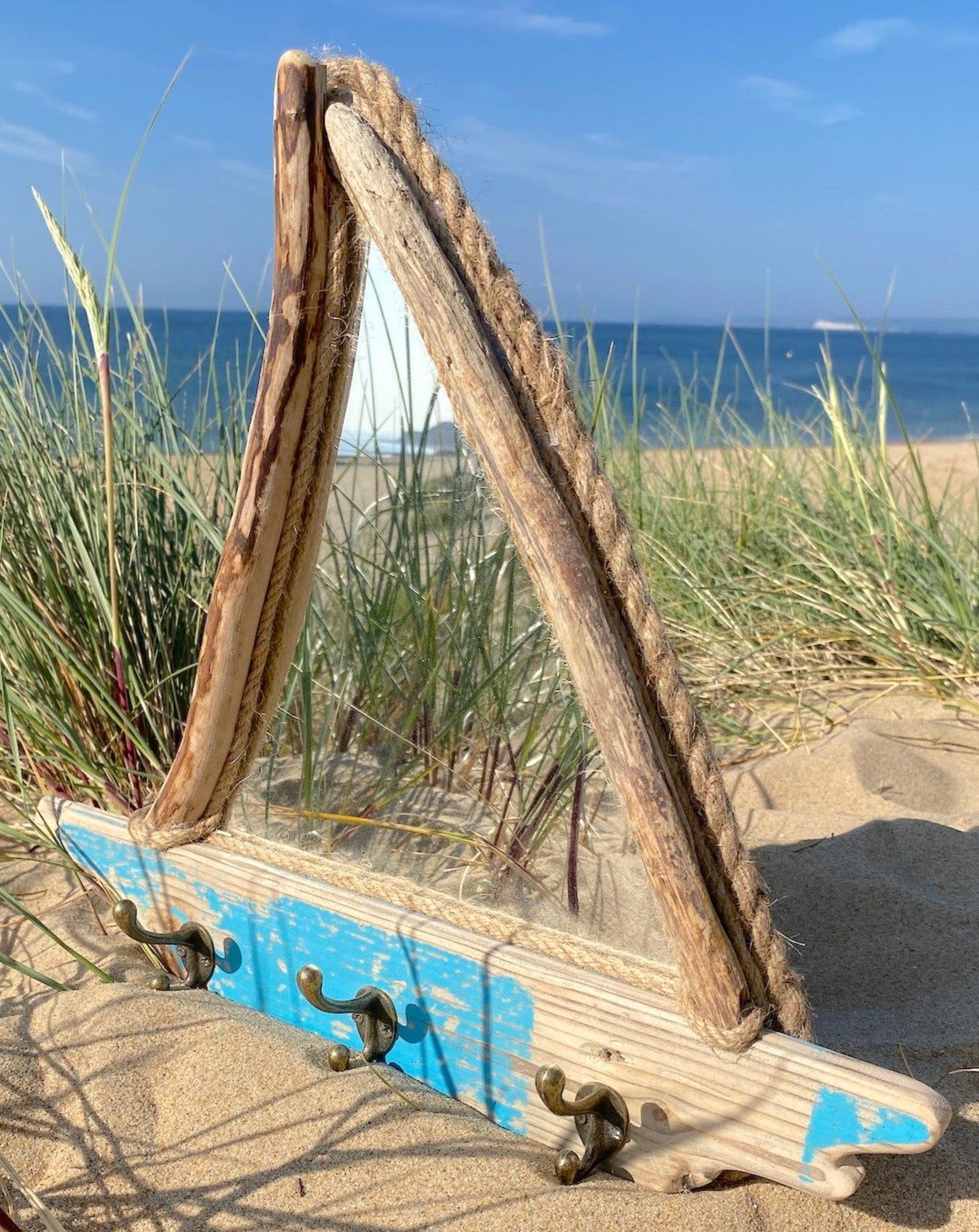 Driftwood Mirror - sailboat with hooks - Drift Craft by Jo