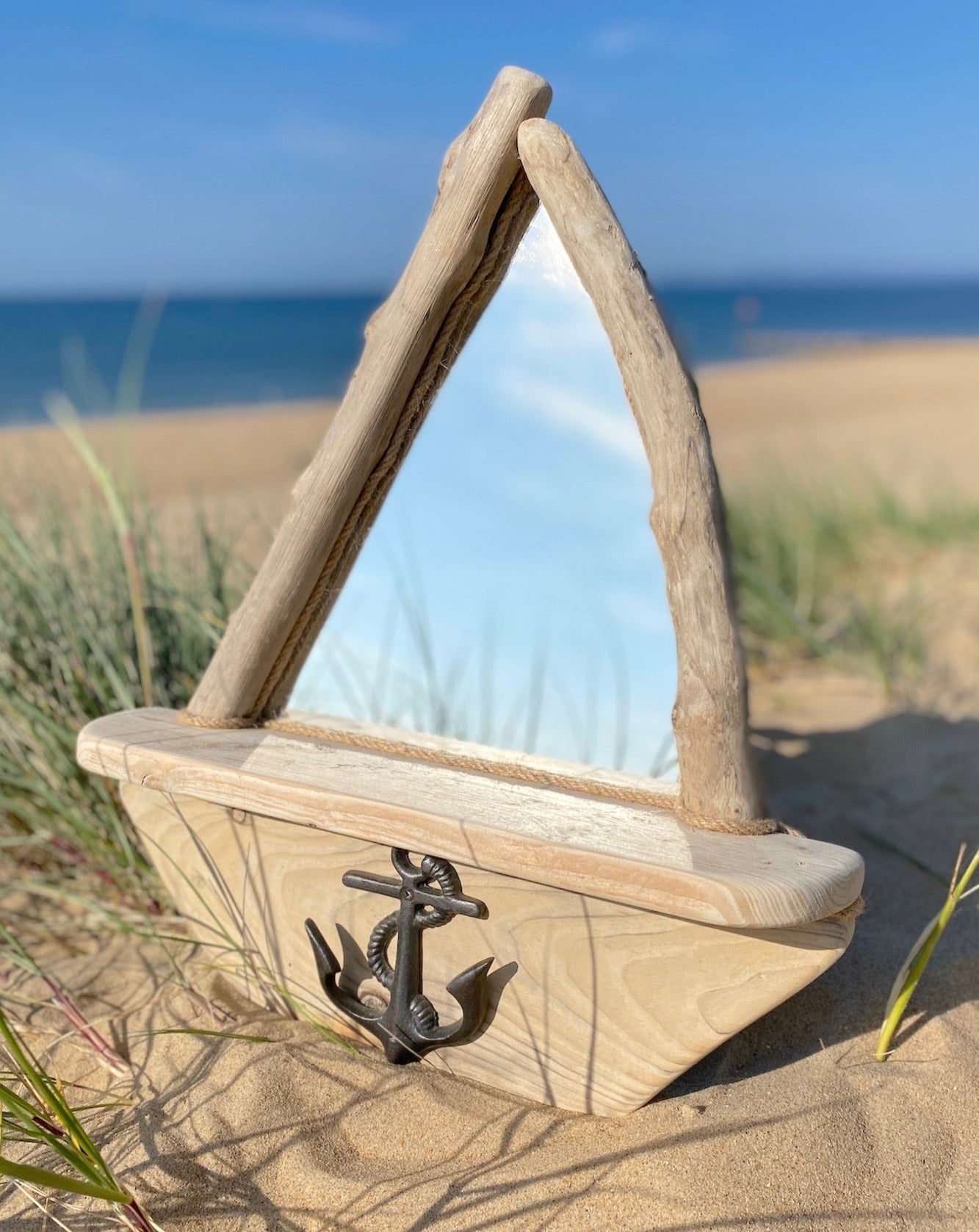 Driftwood mirror - sailboat with shelf and anchor hook - Drift Craft by Jo