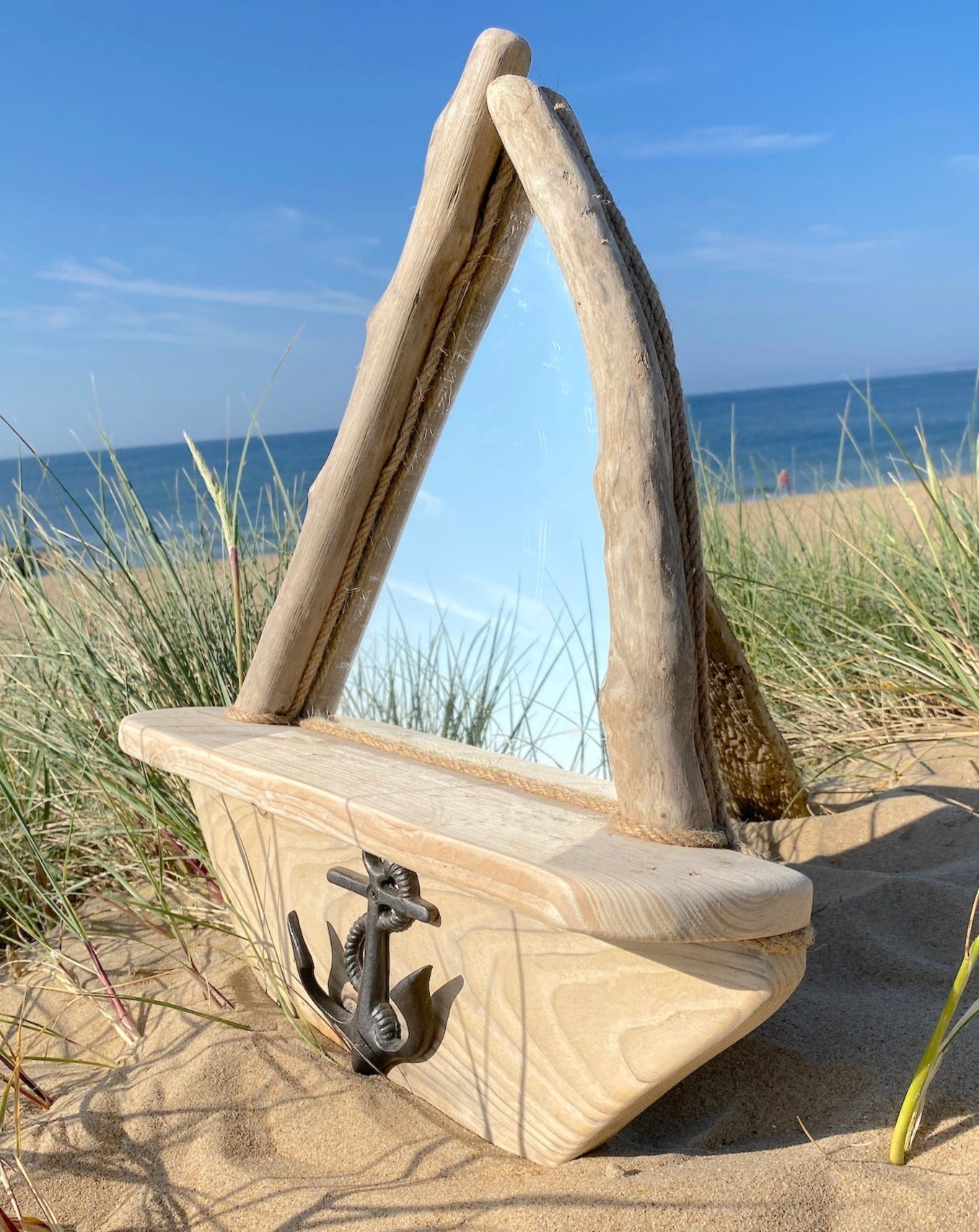 Driftwood mirror - sailboat with shelf and anchor hook - Drift Craft by Jo