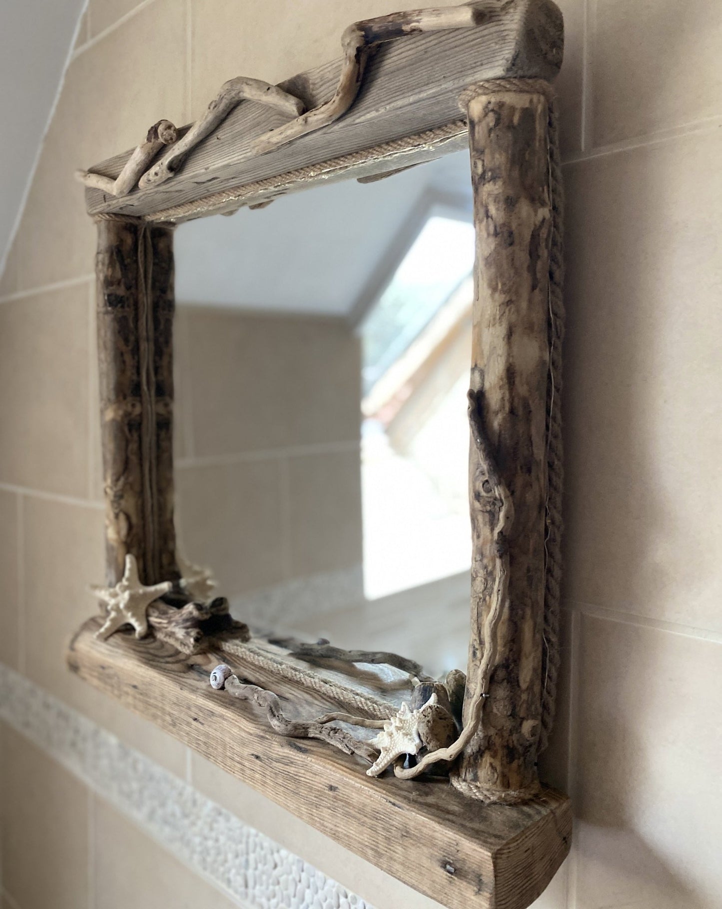 Driftwood Mirror - Square with Lights and Starfish Detail - Drift Craft by Jo