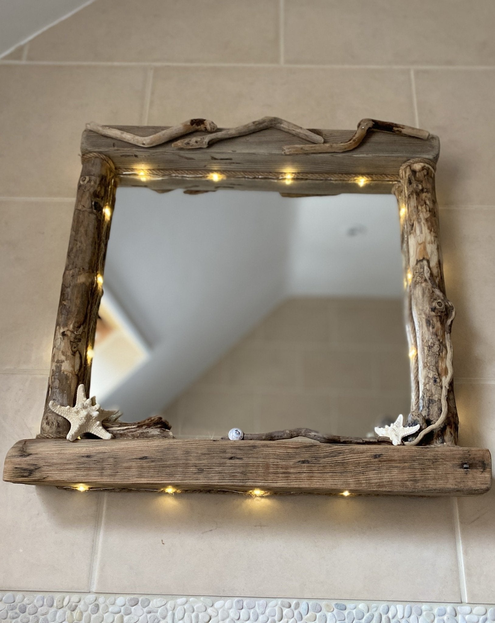 Driftwood Mirror - Square with Lights and Starfish Detail - Drift Craft by Jo