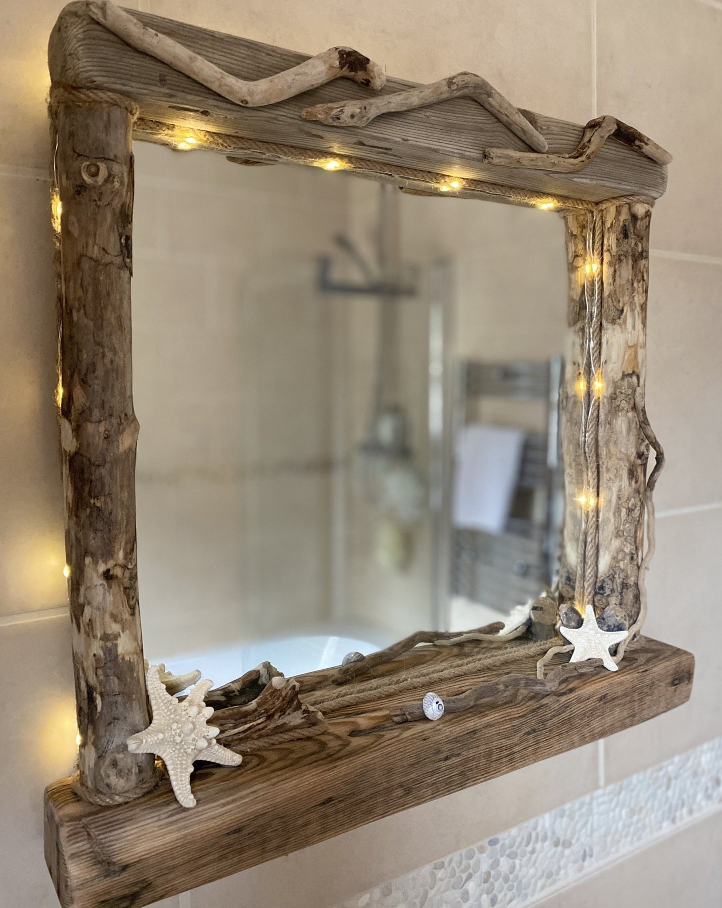 Driftwood Mirror - Square with Lights and Starfish Detail - Drift Craft by Jo