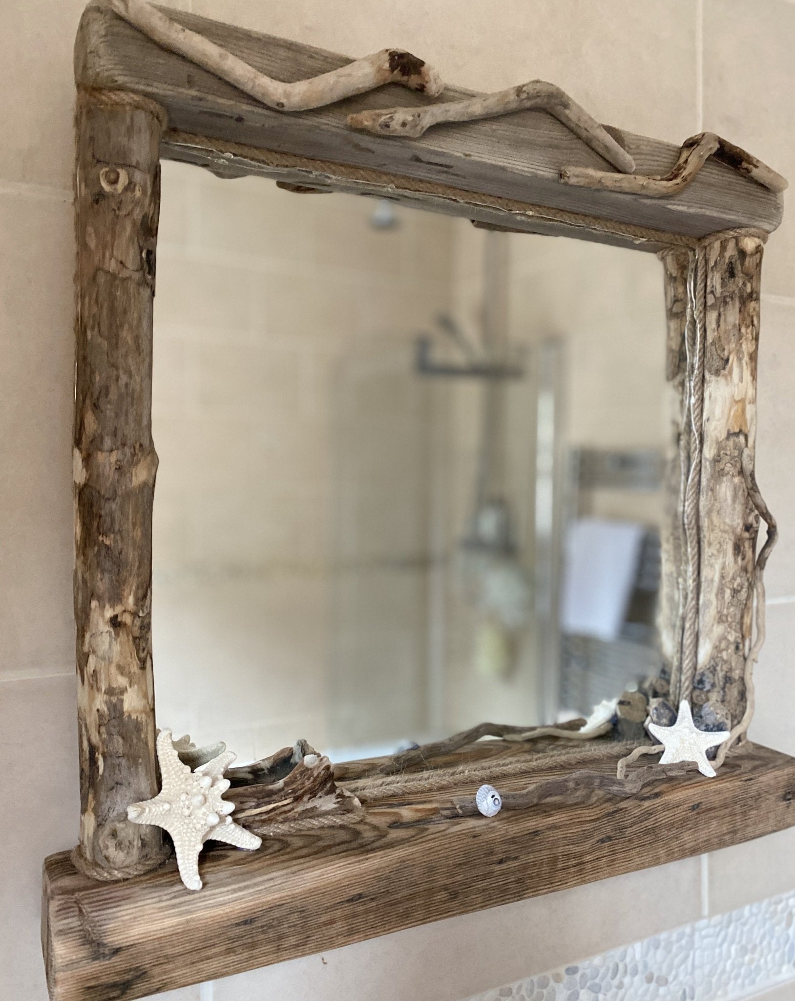 Driftwood Mirror - Square with Lights and Starfish Detail - Drift Craft by Jo