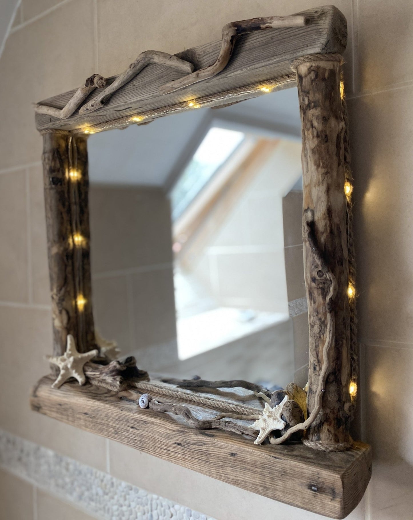 Driftwood Mirror - Square with Lights and Starfish Detail - Drift Craft by Jo