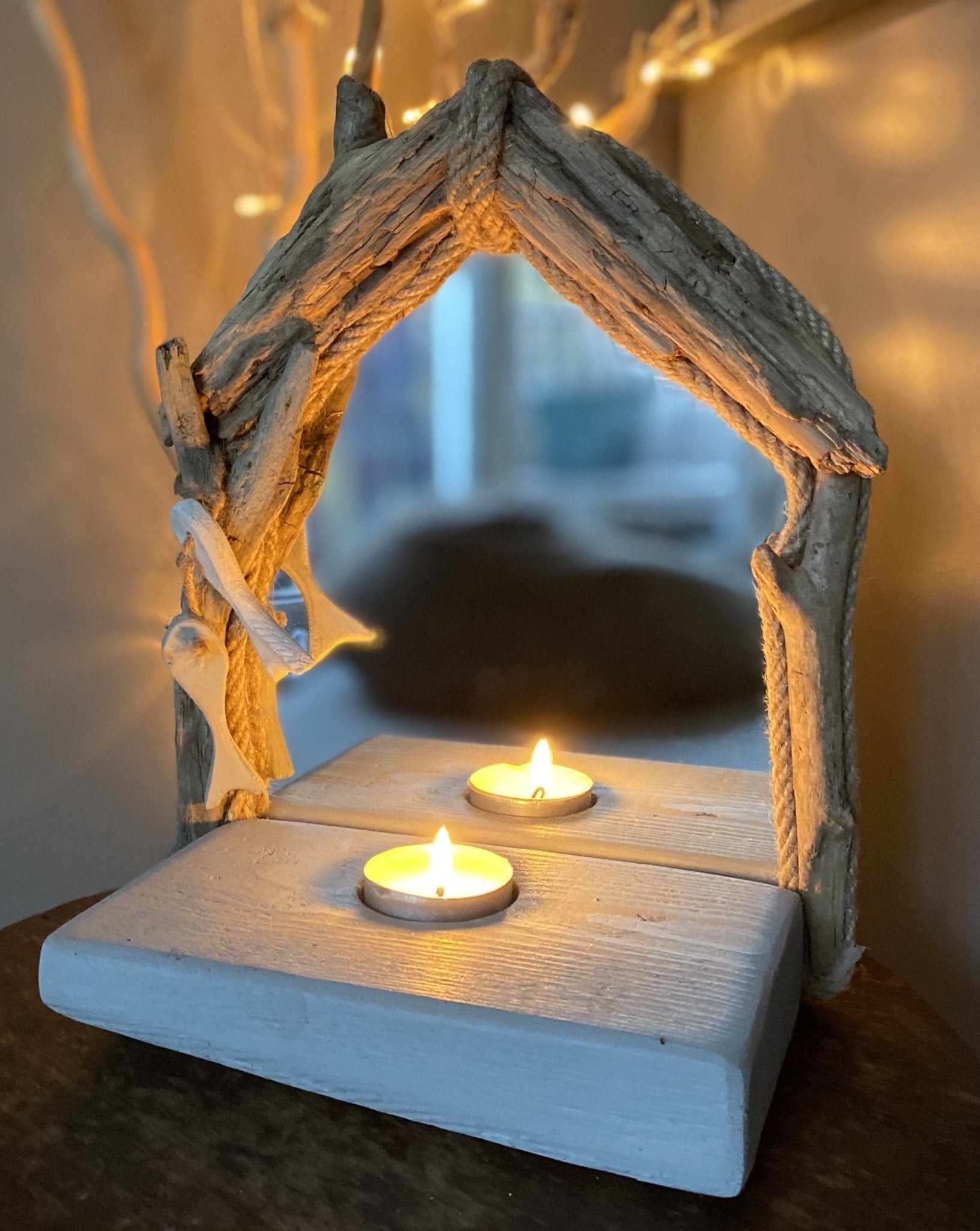 Driftwood Mirror with 1 tea light holder - Grey with 2 Fish - Drift Craft by Jo