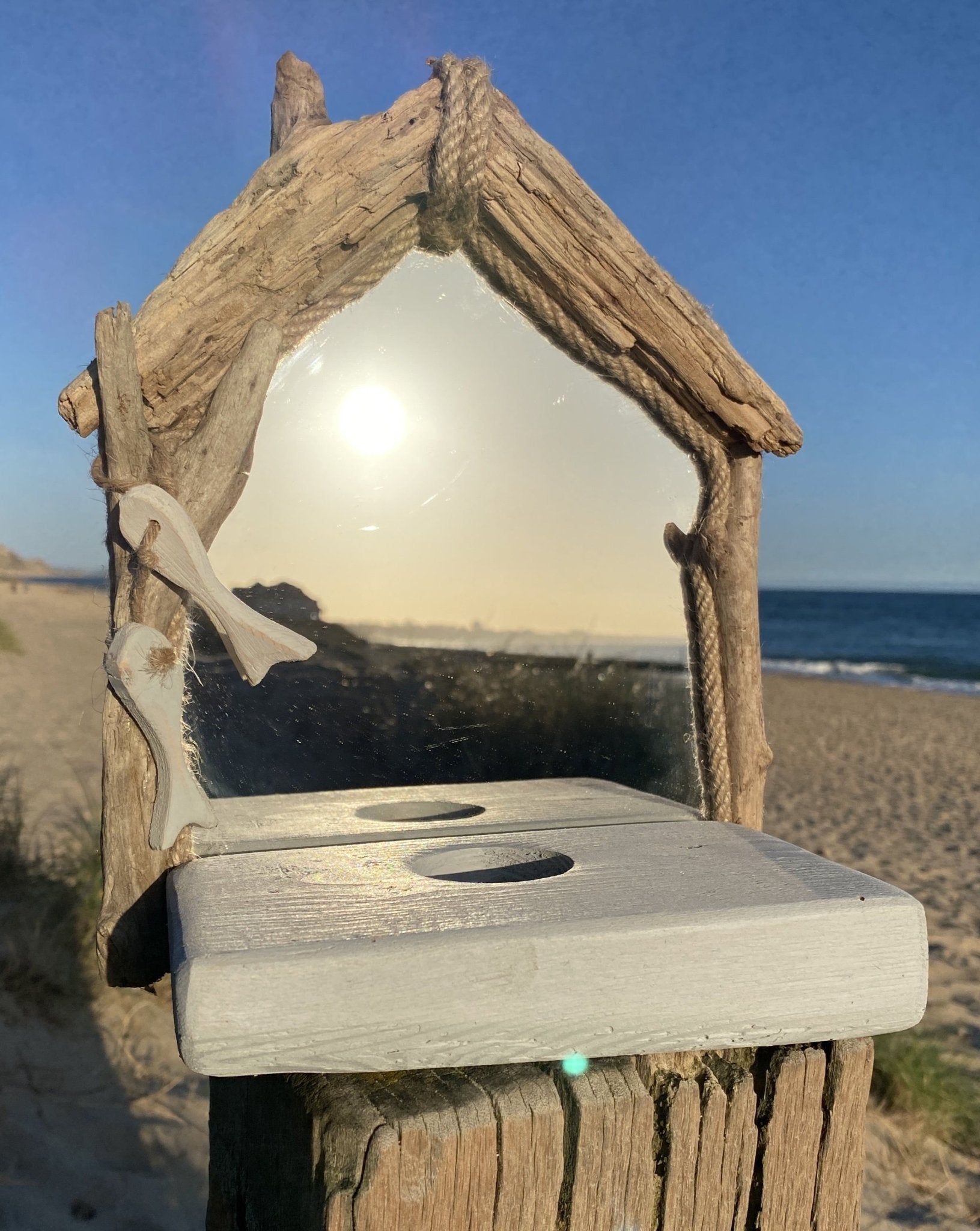 Driftwood Mirror with 1 tea light holder - Grey with 2 Fish - Drift Craft by Jo