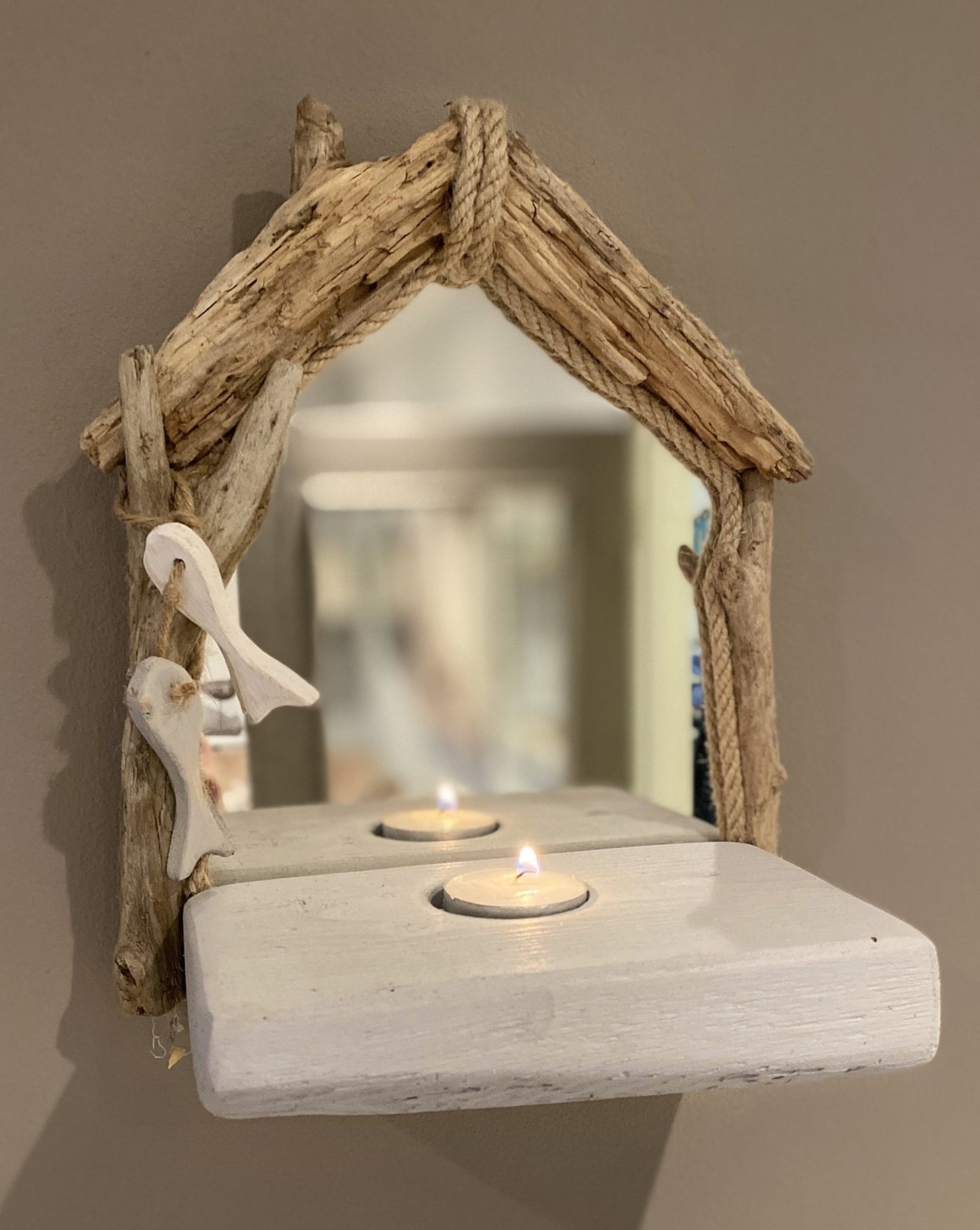 Driftwood Mirror with 1 tea light holder - Grey with 2 Fish - Drift Craft by Jo