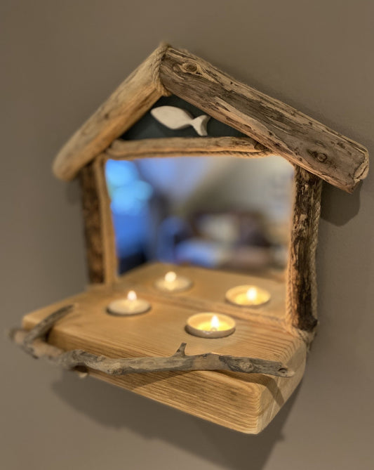 Driftwood Mirror with 2 x tea light holders - Blue with Fish - Drift Craft by Jo
