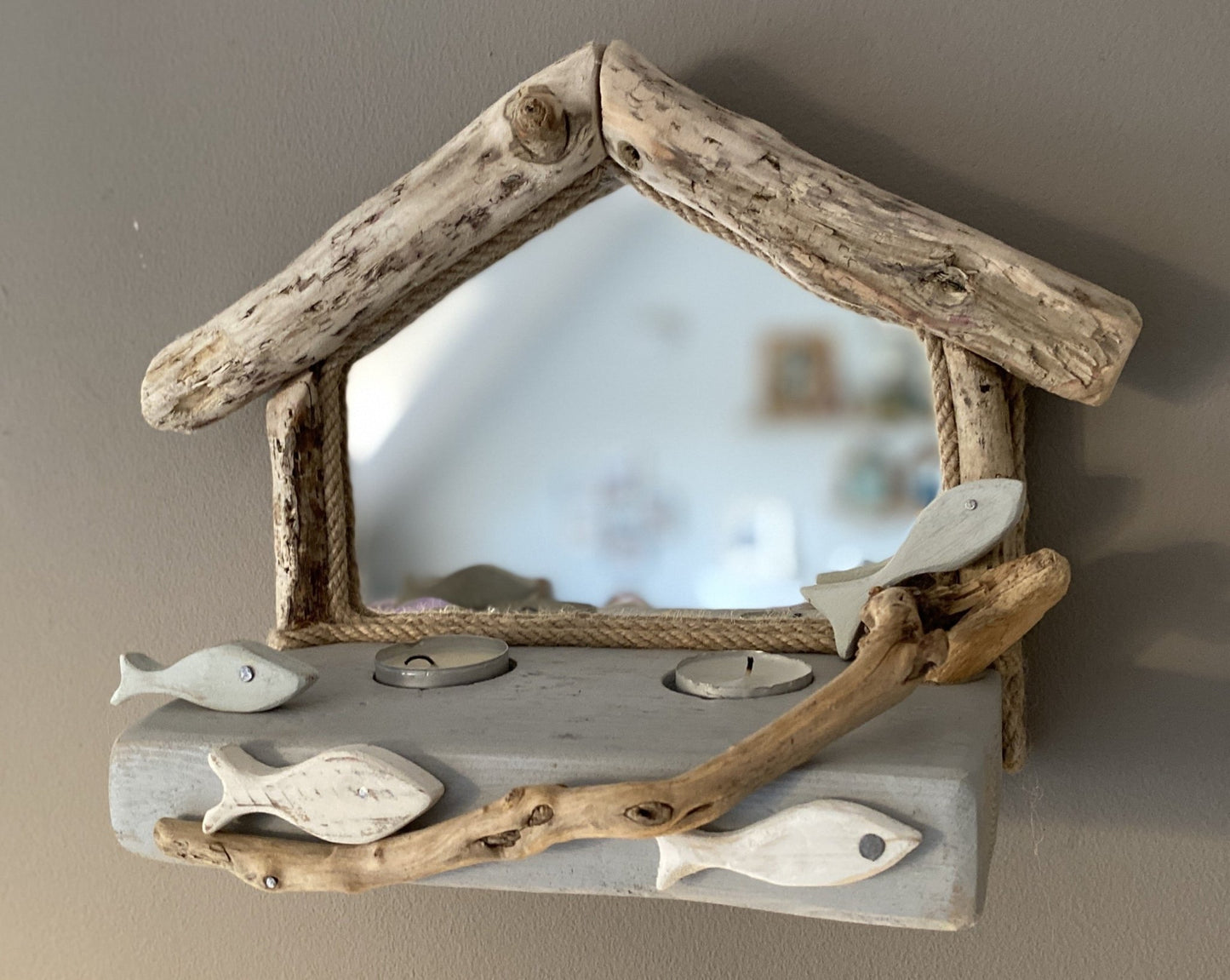 Driftwood Mirror with School of Fish & 2 Tea Lights - Drift Craft by Jo