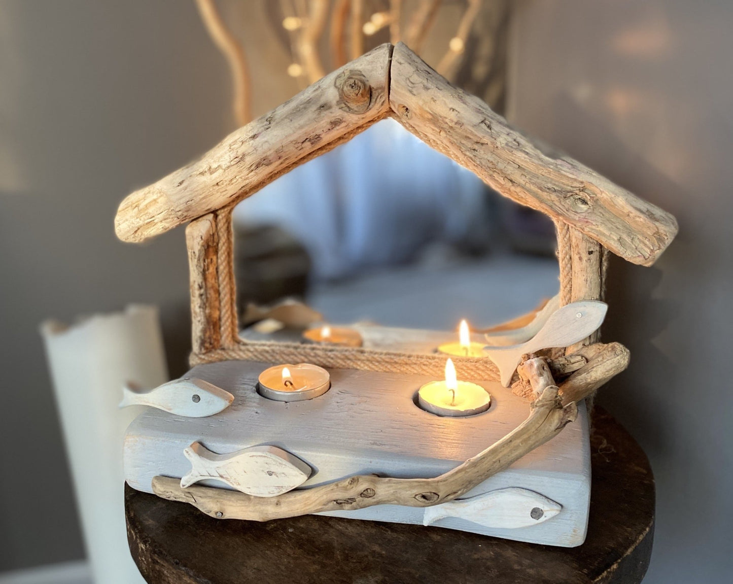 Driftwood Mirror with School of Fish & 2 Tea Lights - Drift Craft by Jo