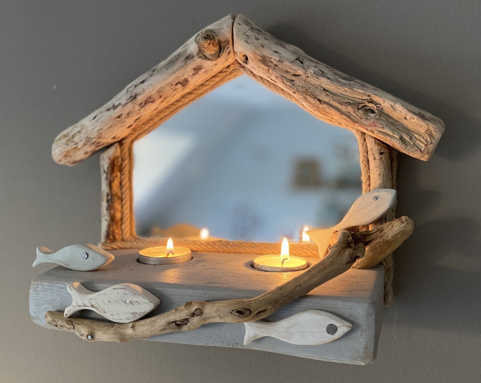 Driftwood Mirror with School of Fish & 2 Tea Lights - Drift Craft by Jo