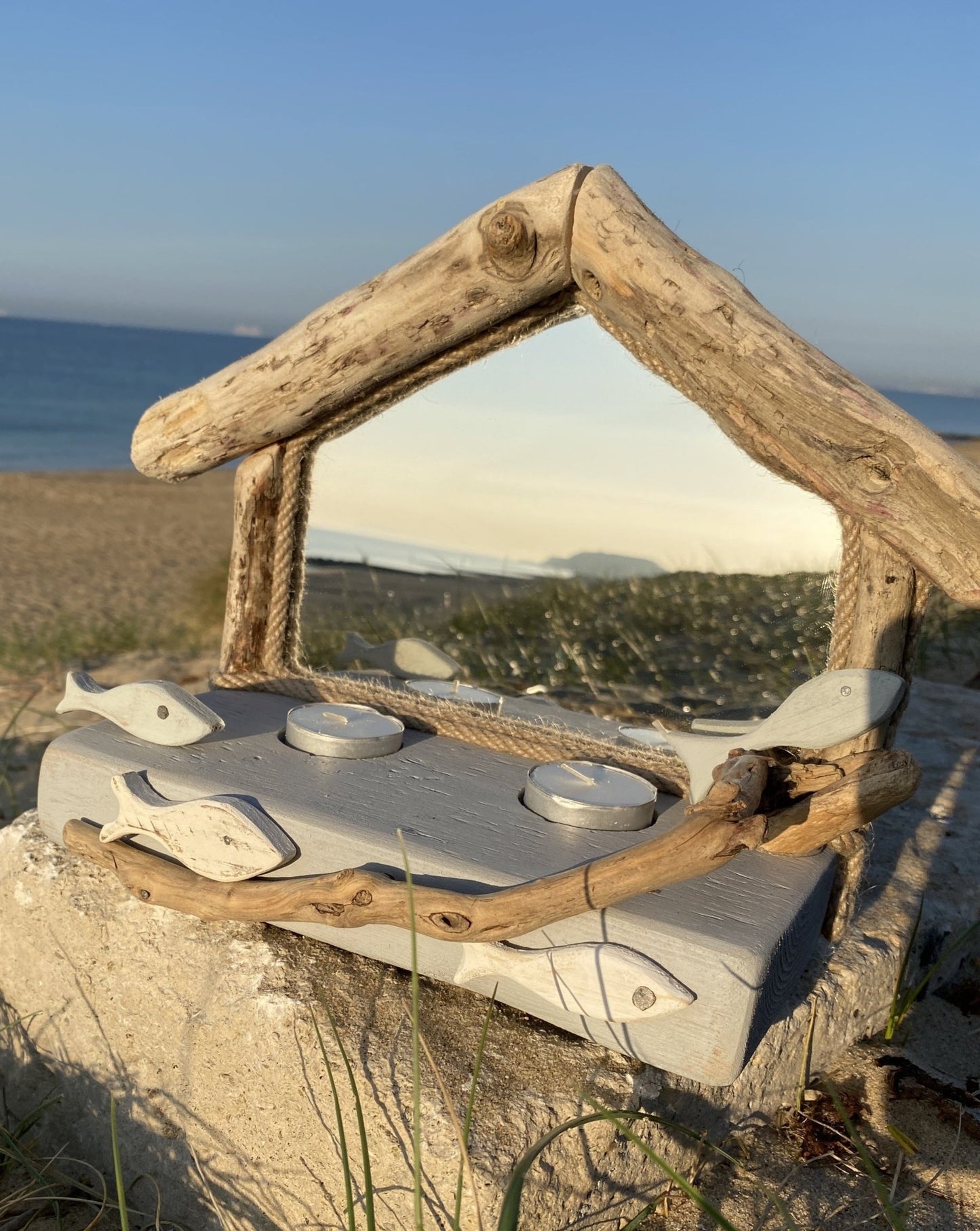 Driftwood Mirror with School of Fish & 2 Tea Lights - Drift Craft by Jo