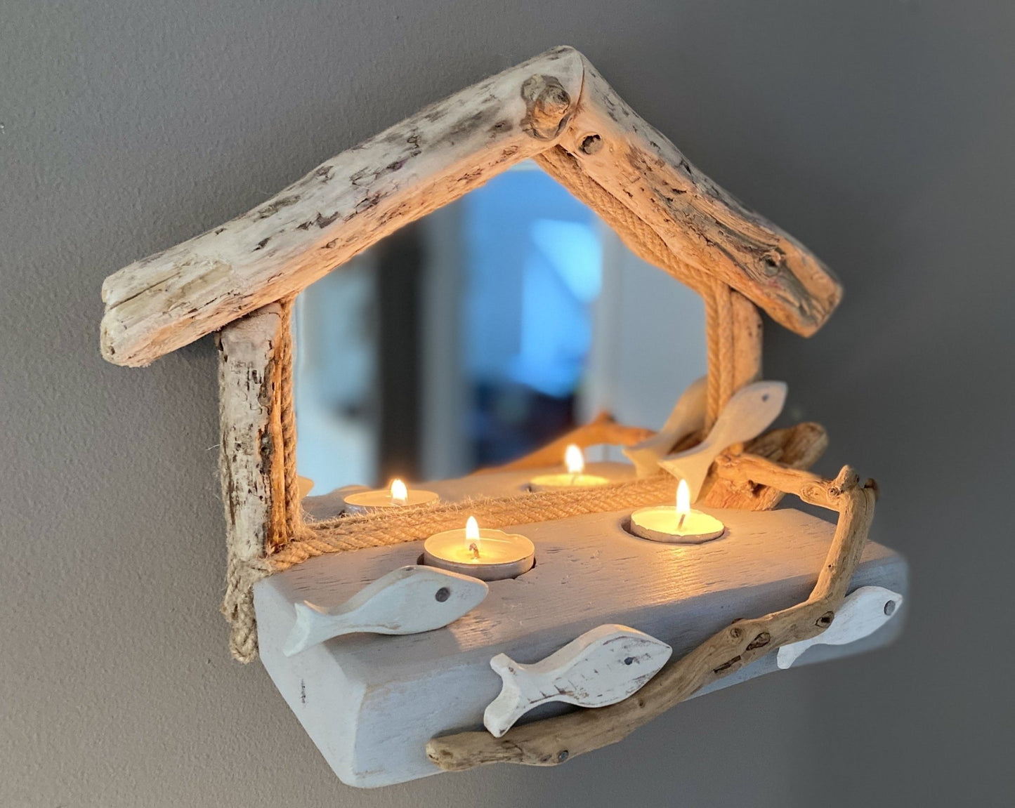 Driftwood Mirror with School of Fish & 2 Tea Lights - Drift Craft by Jo