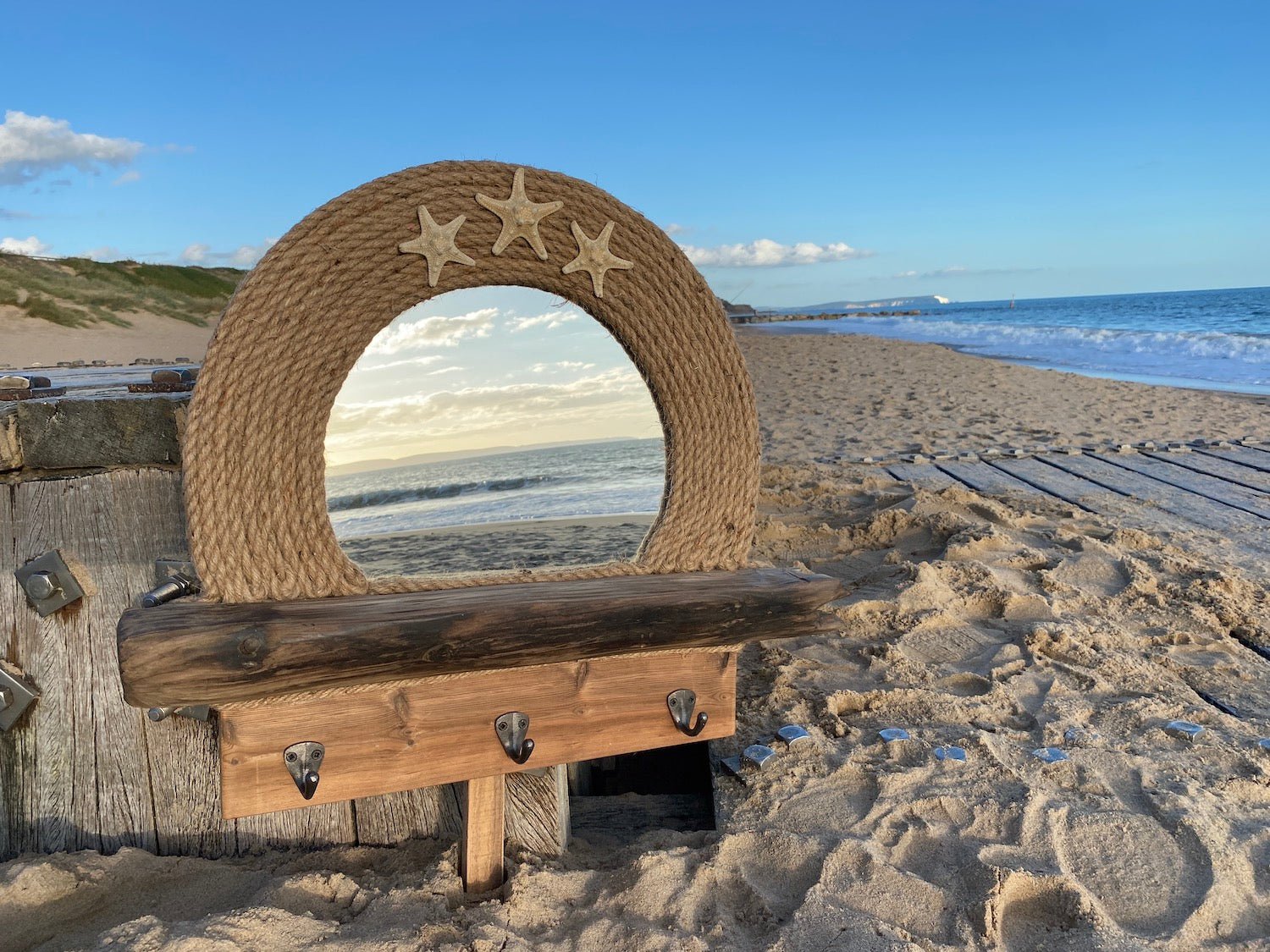 Driftwood Mirror with Shelf, Starfish, Rope and Coat Hooks - Drift Craft by Jo