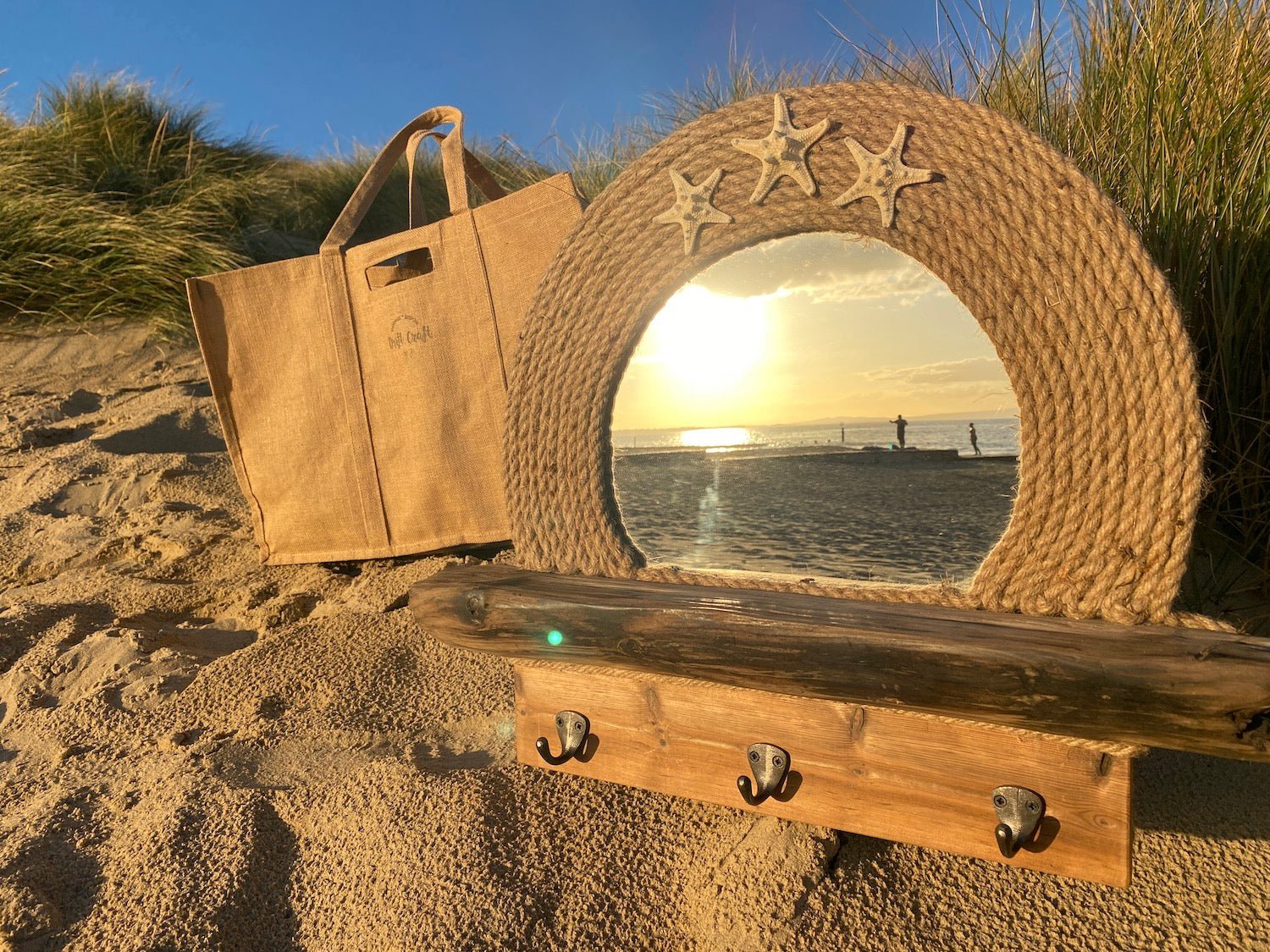 Driftwood Mirror with Shelf, Starfish, Rope and Coat Hooks - Drift Craft by Jo