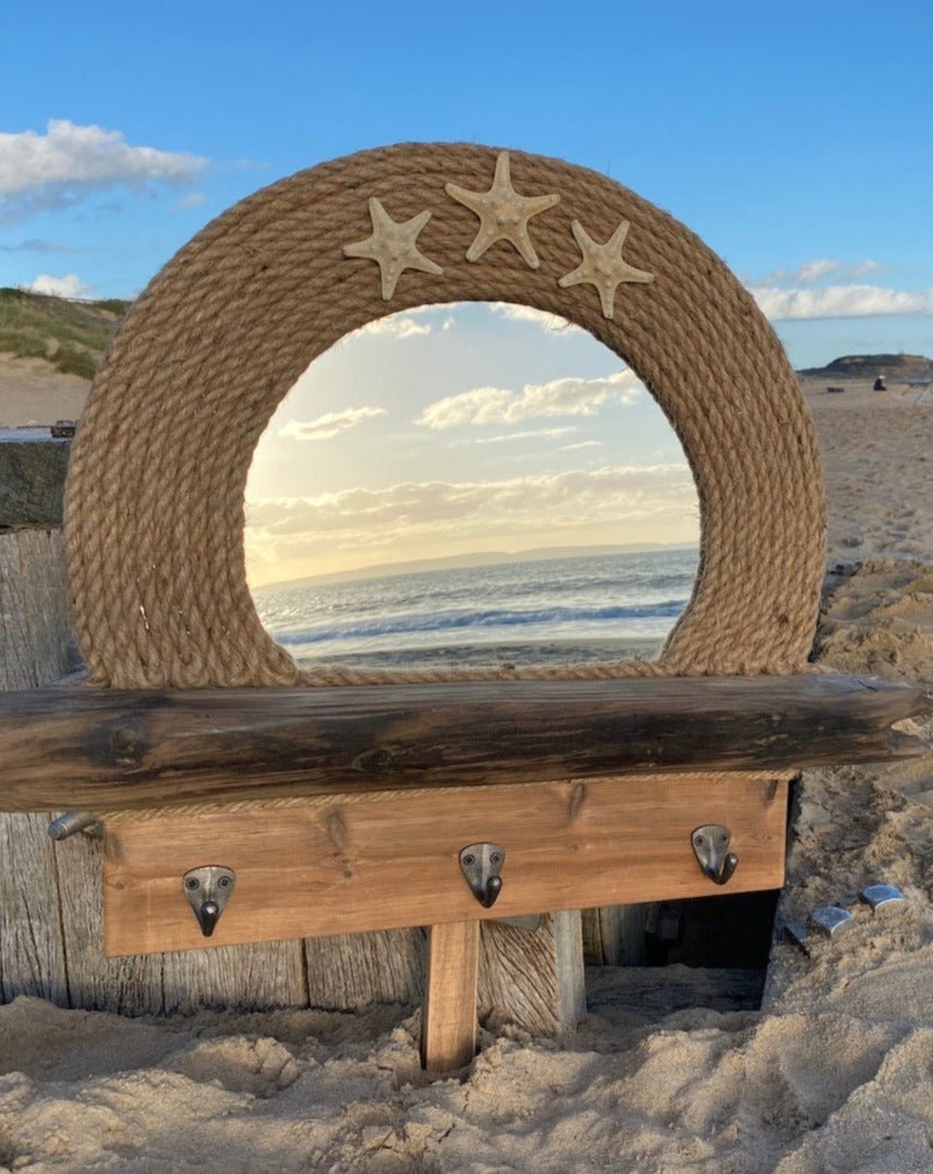 Driftwood Mirror with Shelf, Starfish, Rope and Coat Hooks - Drift Craft by Jo