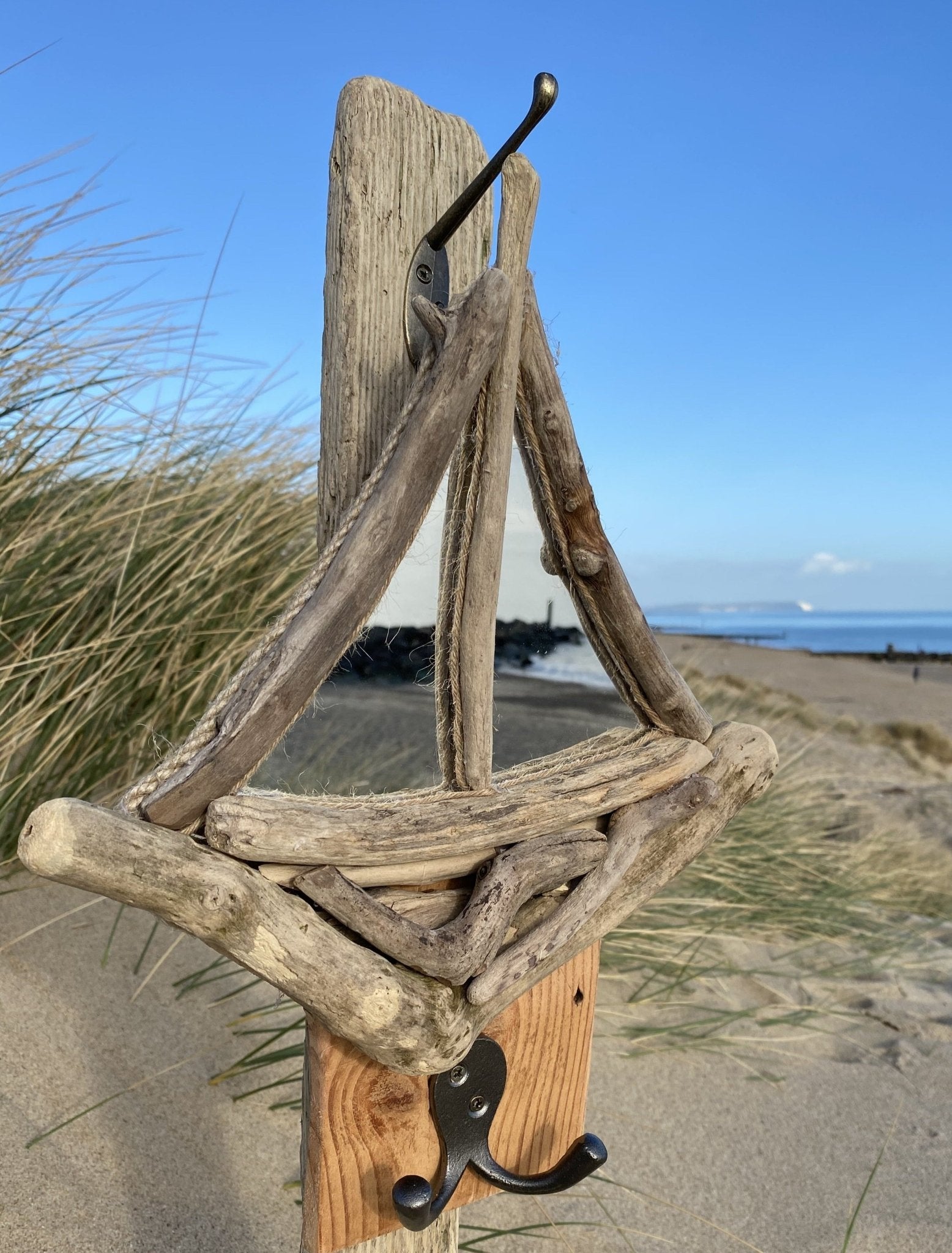 Driftwood Sail Boat Mirror with Hooks - Drift Craft by Jo