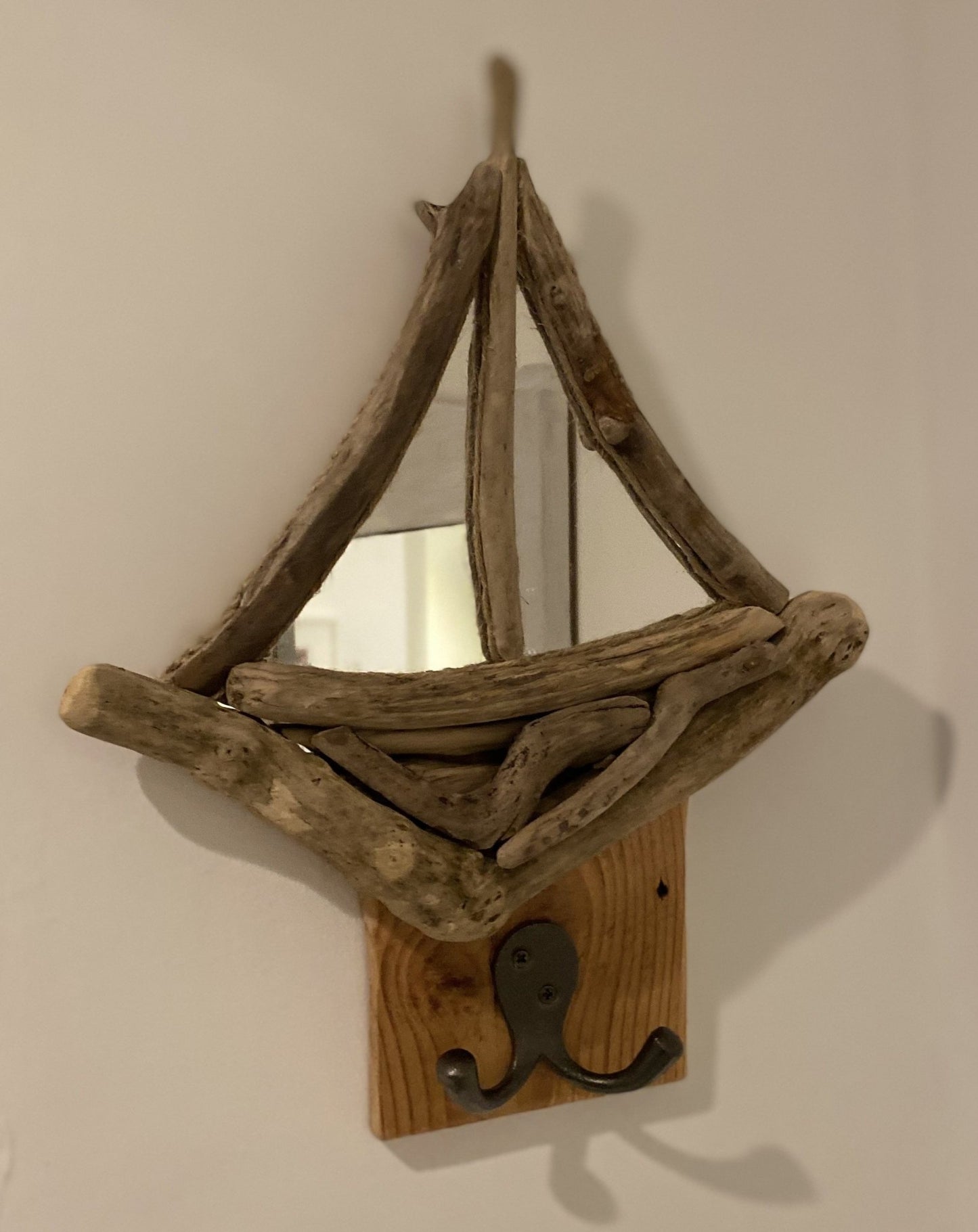 Driftwood Sail Boat Mirror with Hooks - Drift Craft by Jo
