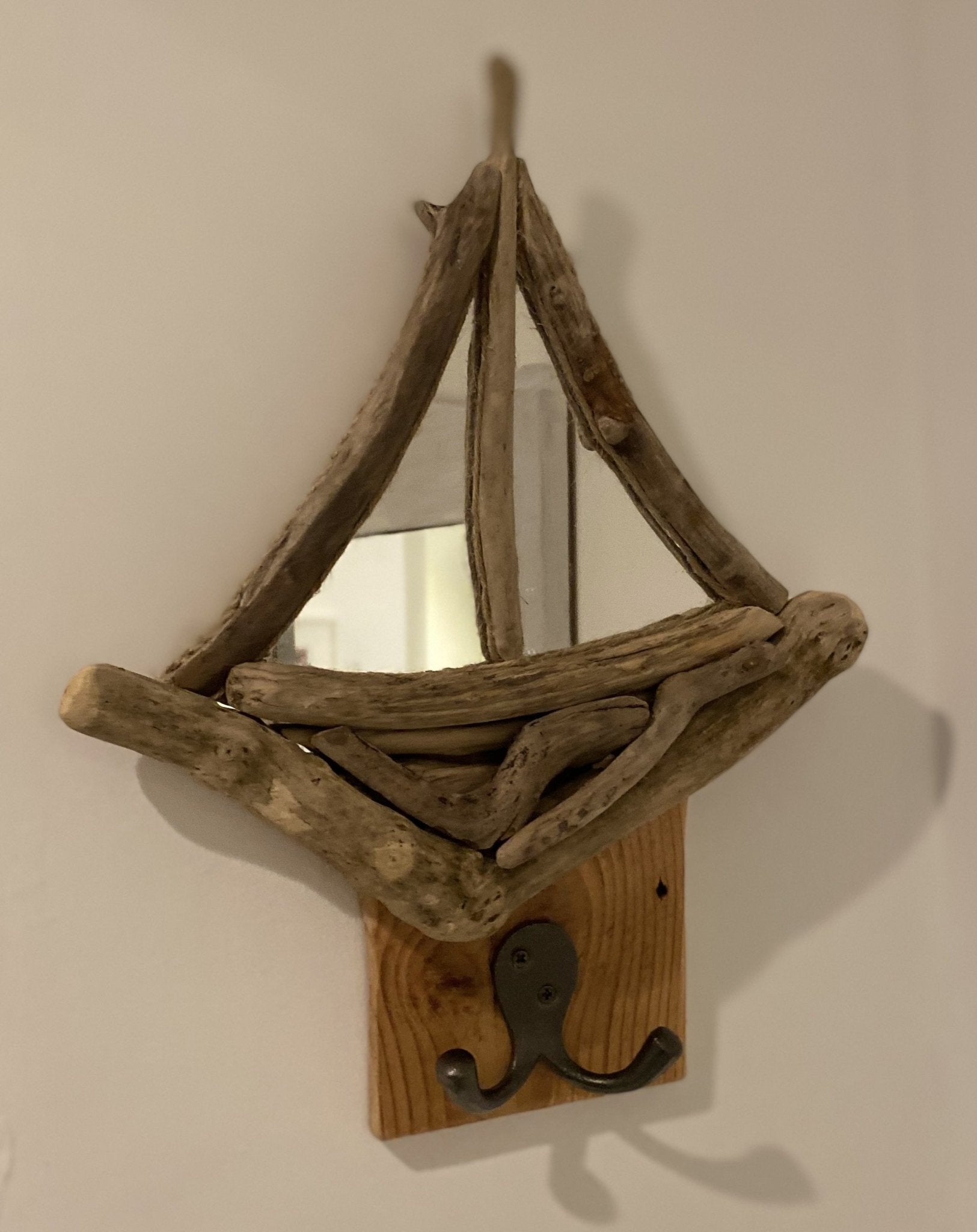 Driftwood Sail Boat Mirror with Hooks - Drift Craft by Jo