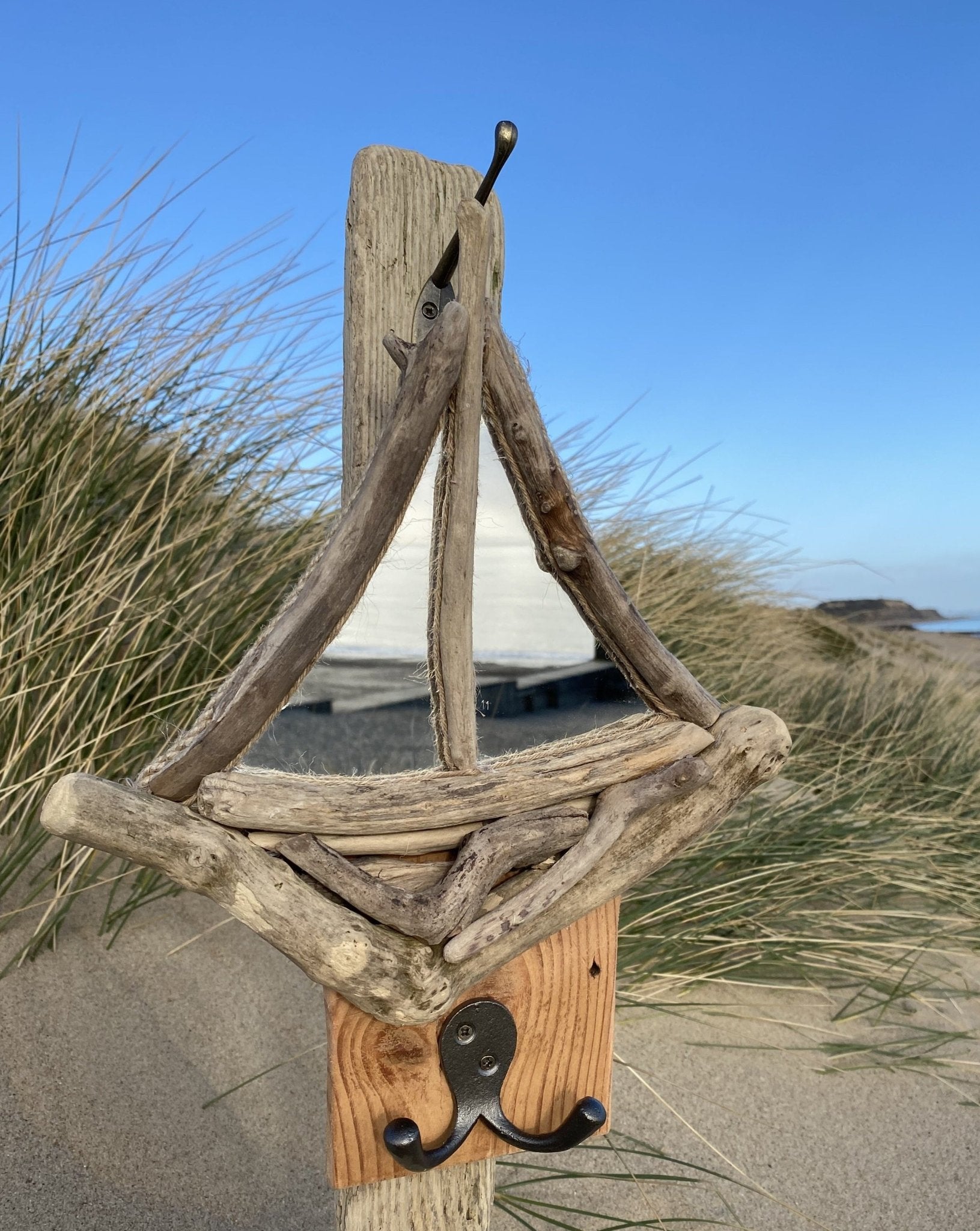 Driftwood Sail Boat Mirror with Hooks - Drift Craft by Jo