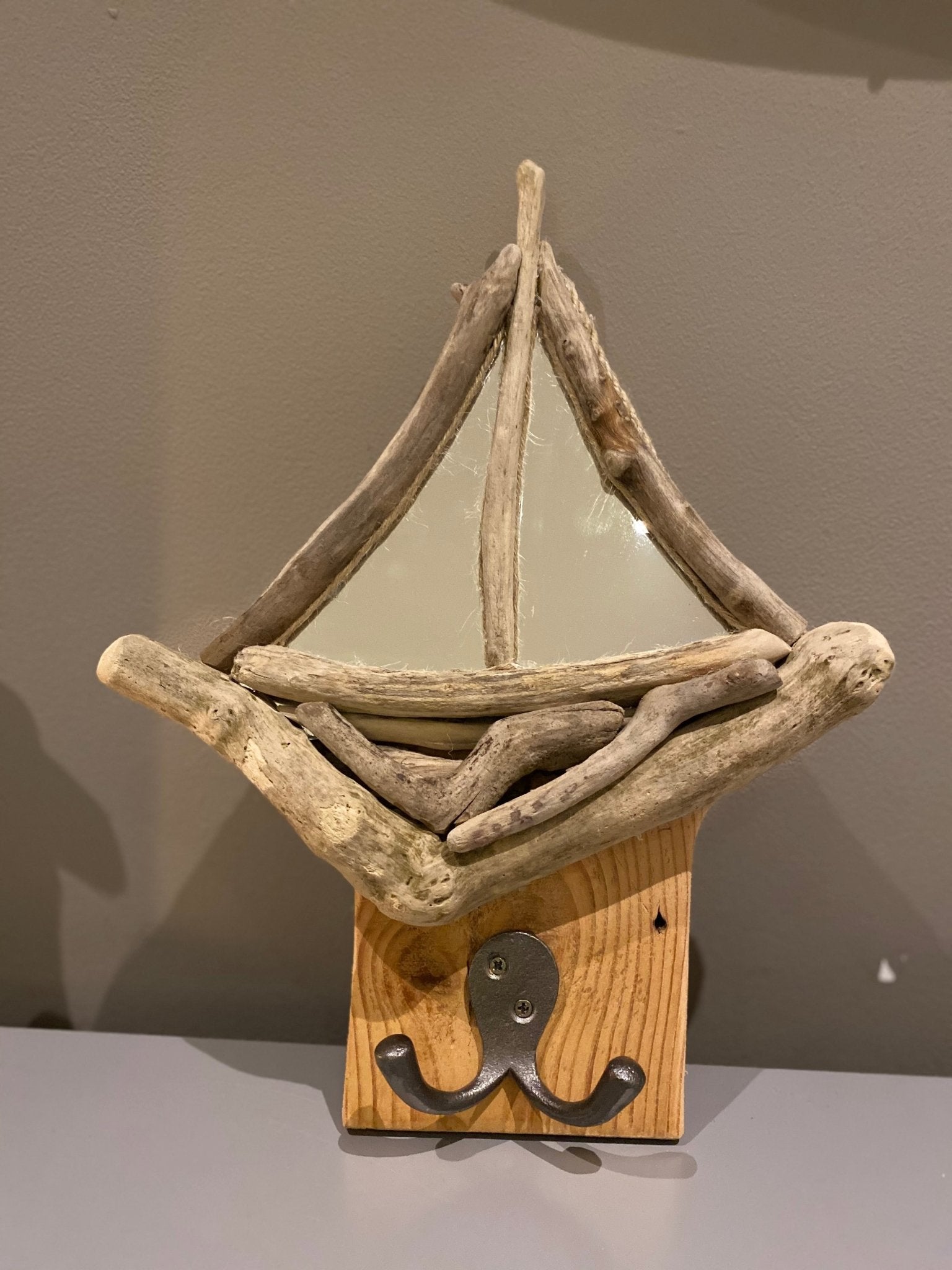 Driftwood Sail Boat Mirror with Hooks - Drift Craft by Jo
