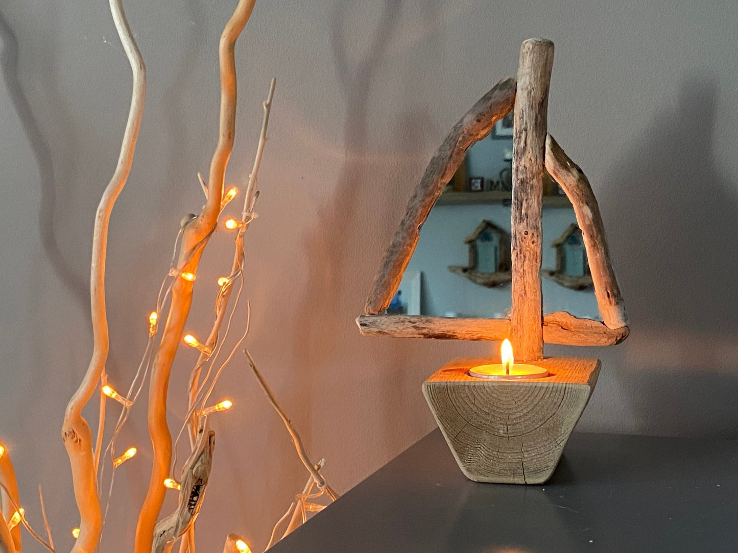 Driftwood Sailboat Tea Light Holder with Mirror Sail - Drift Craft by Jo