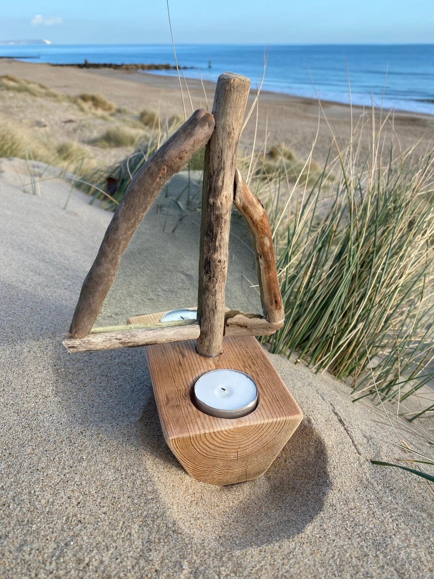 Driftwood Sailboat Tea Light Holder with Mirror Sail - Drift Craft by Jo