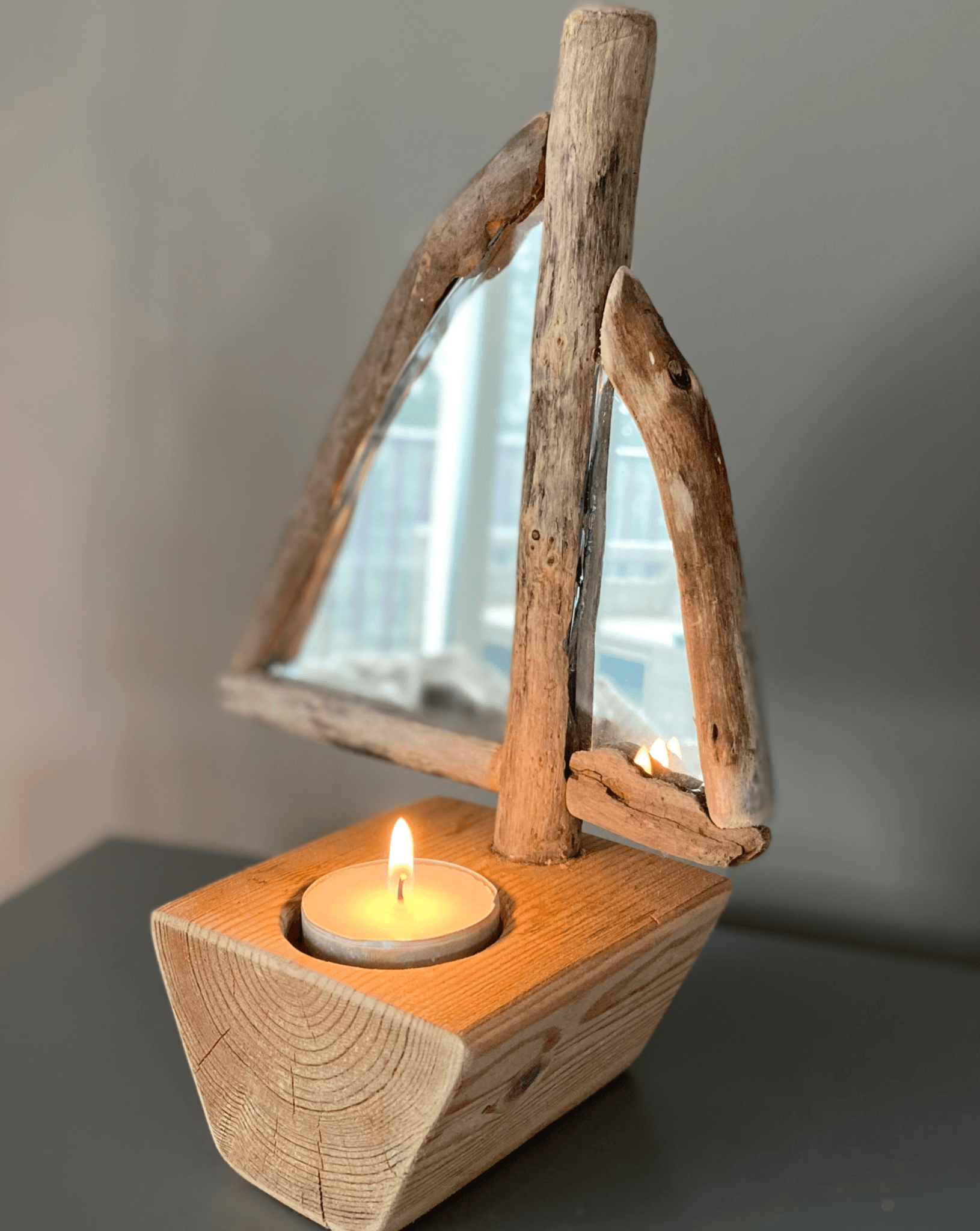 Driftwood Sailboat Tea Light Holder with Mirror Sail - Drift Craft by Jo
