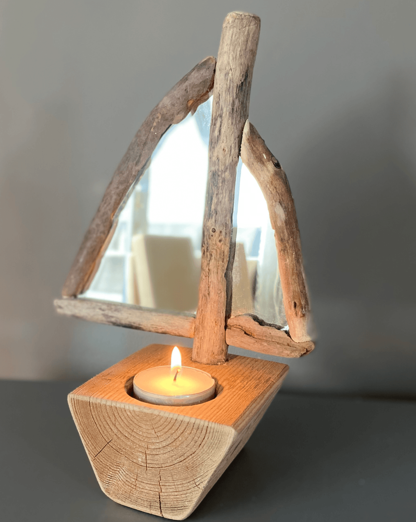 Driftwood Sailboat Tea Light Holder with Mirror Sail - Drift Craft by Jo