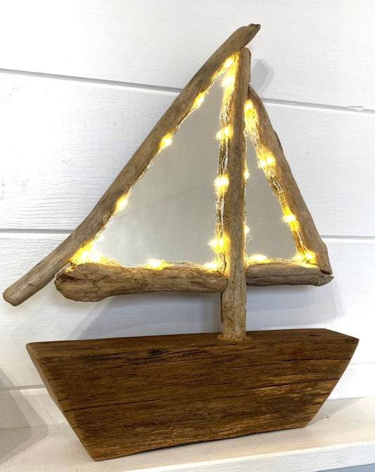 Driftwood Sailing Boat Mirror with Lights - Drift Craft by Jo