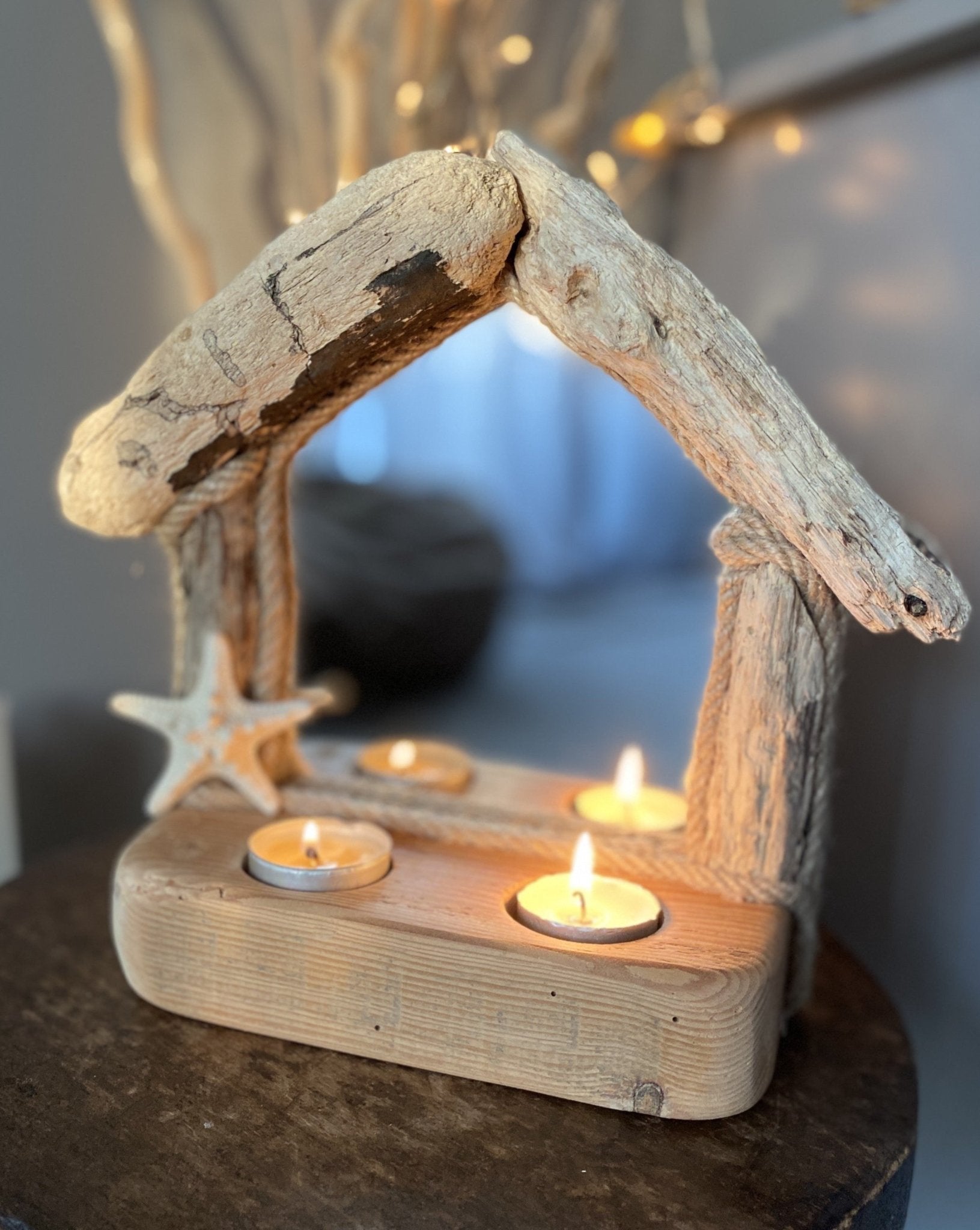 Driftwood Shack Mirror with Starfish & 2 Tealights - Drift Craft by Jo