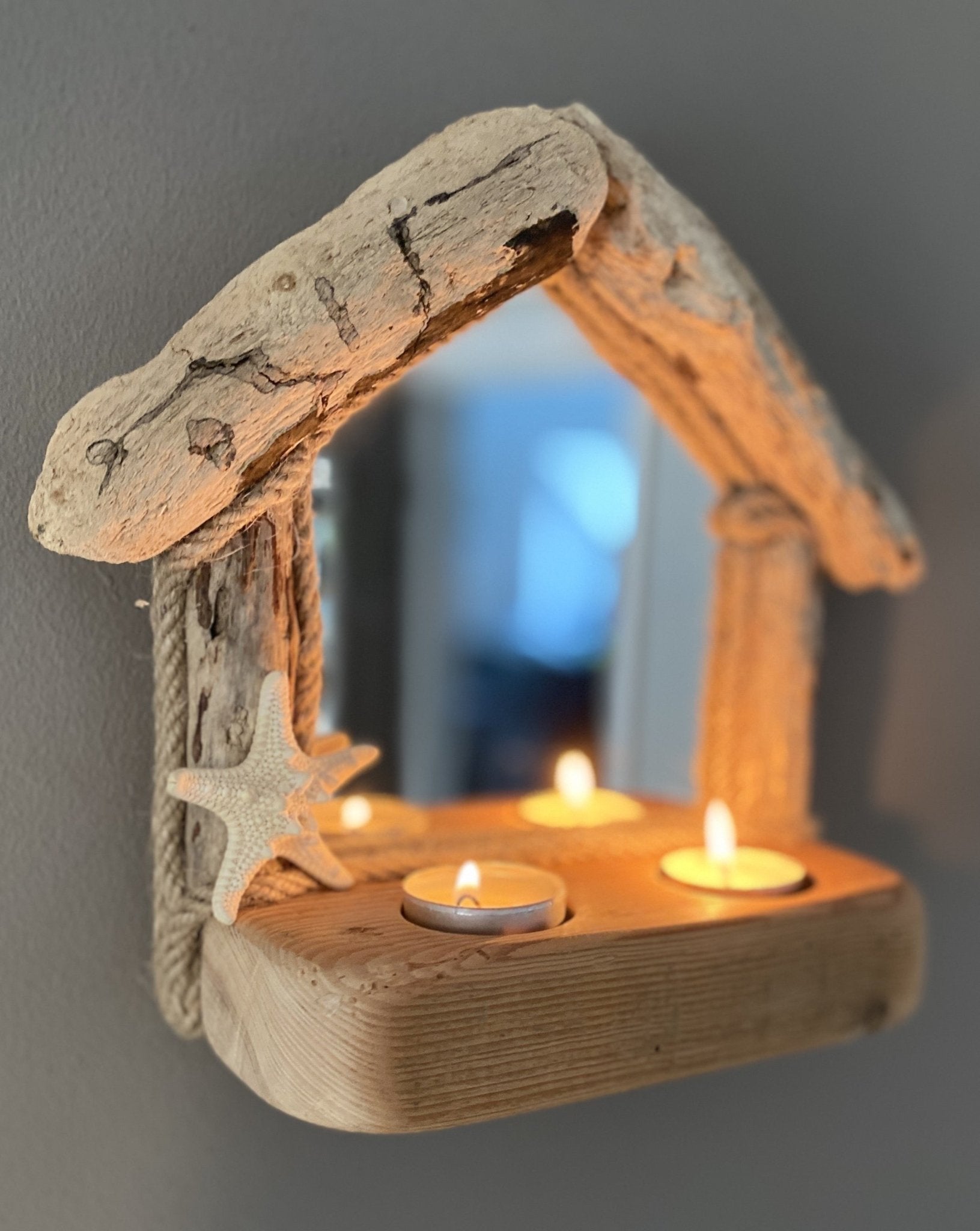 Driftwood Shack Mirror with Starfish & 2 Tealights - Drift Craft by Jo
