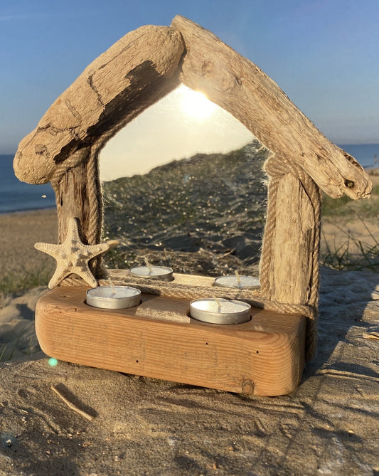 Driftwood Shack Mirror with Starfish & 2 Tealights - Drift Craft by Jo