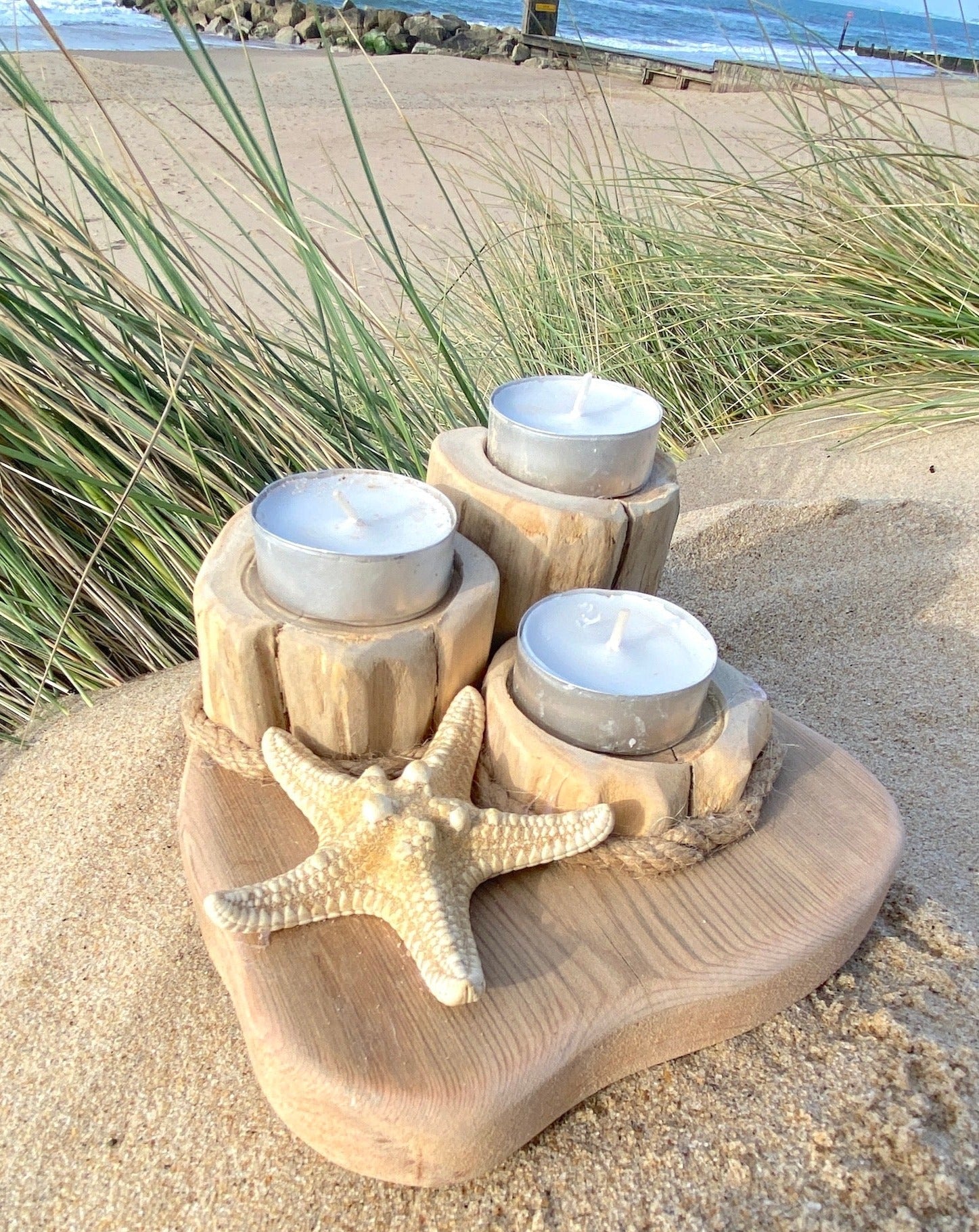 Driftwood Tea Light Candle Holder - Triple - Drift Craft by Jo