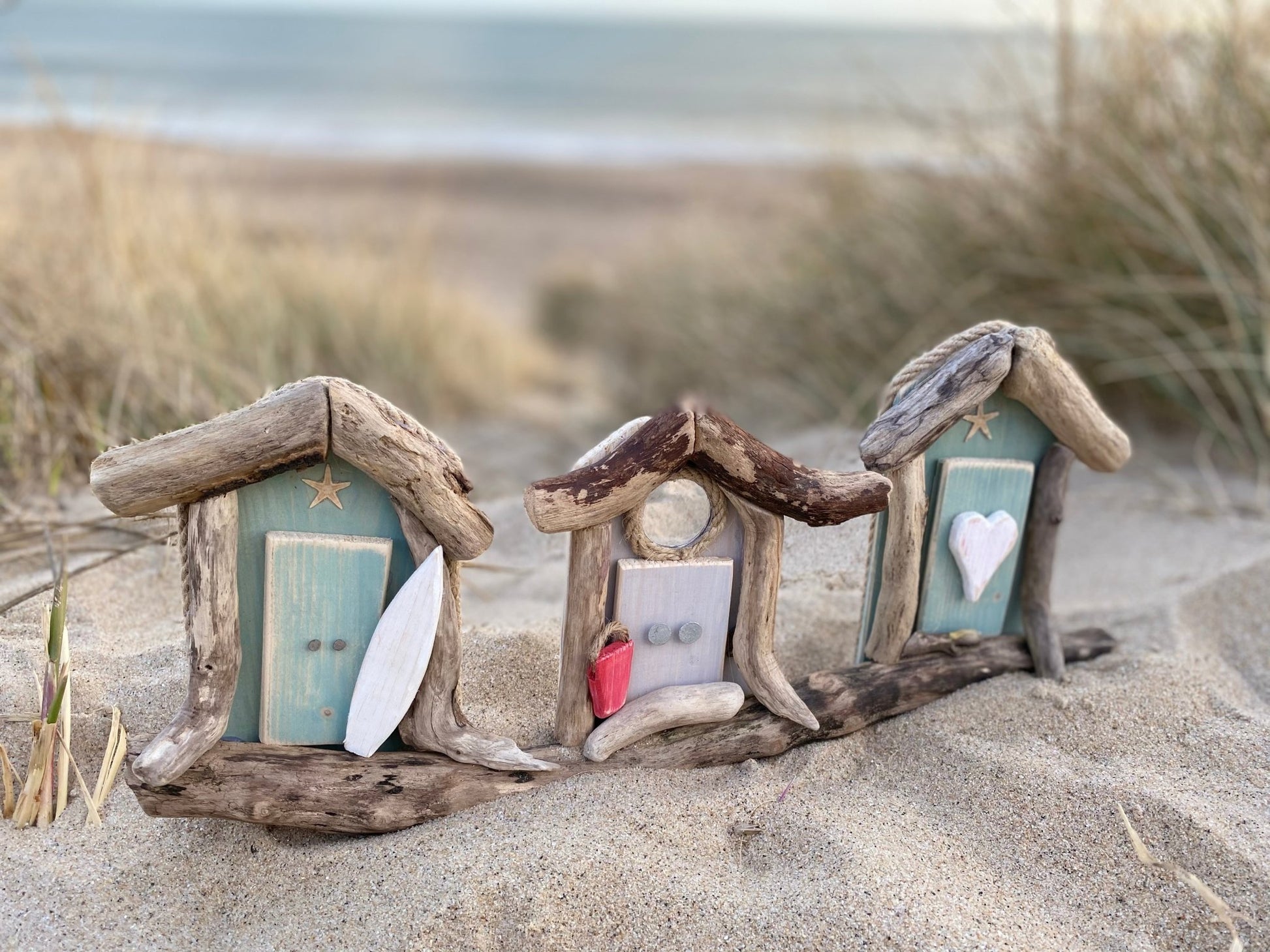 Driftwood Triple Beach Huts - Aqua / Grey / Aqua - Drift Craft by Jo