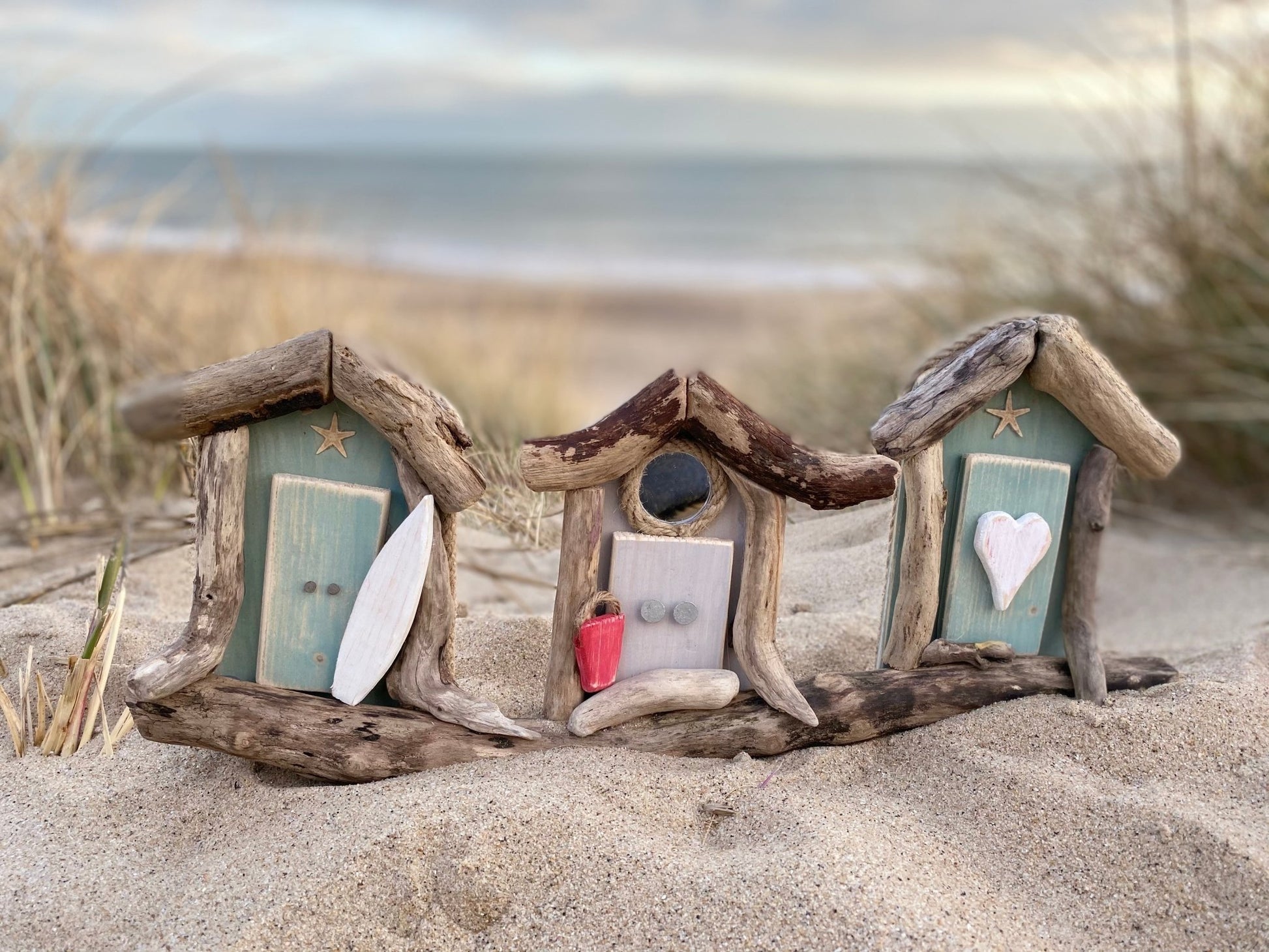 Driftwood Triple Beach Huts - Aqua / Grey / Aqua - Drift Craft by Jo