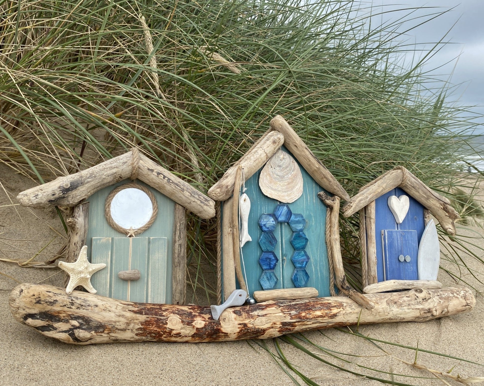 Driftwood Triple Beach Huts - Green / Aqua / Blue - Drift Craft by Jo