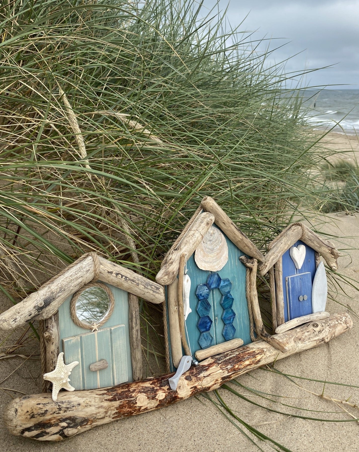 Driftwood Triple Beach Huts - Green / Aqua / Blue - Drift Craft by Jo