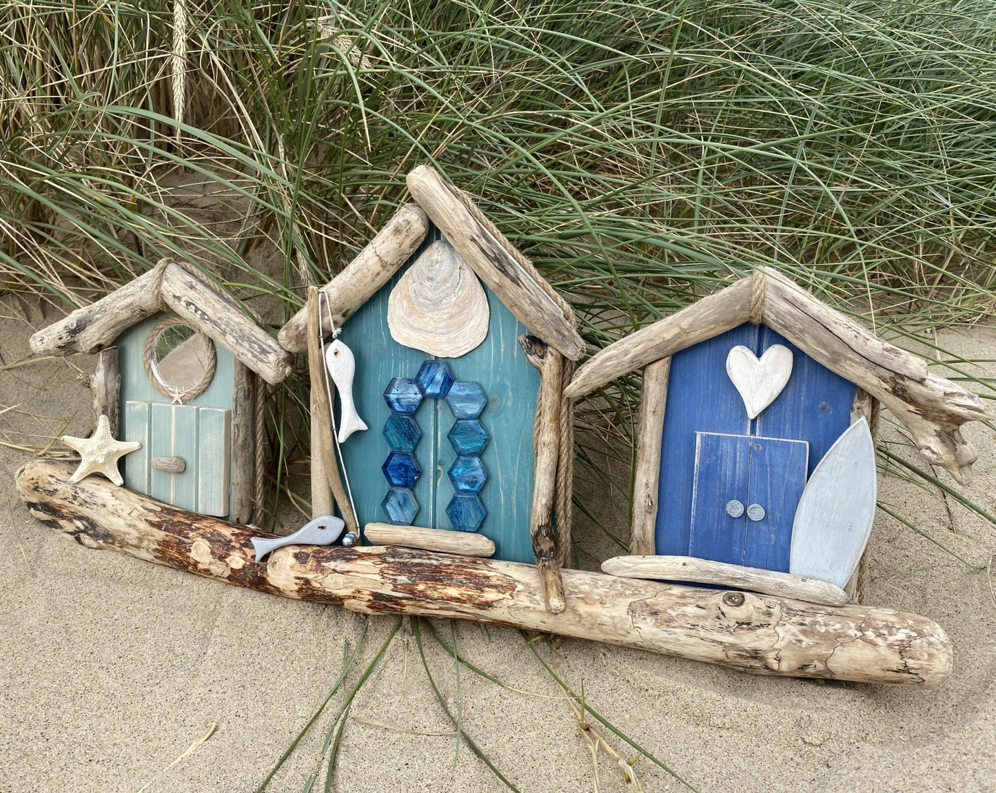 Driftwood Triple Beach Huts - Green / Aqua / Blue - Drift Craft by Jo