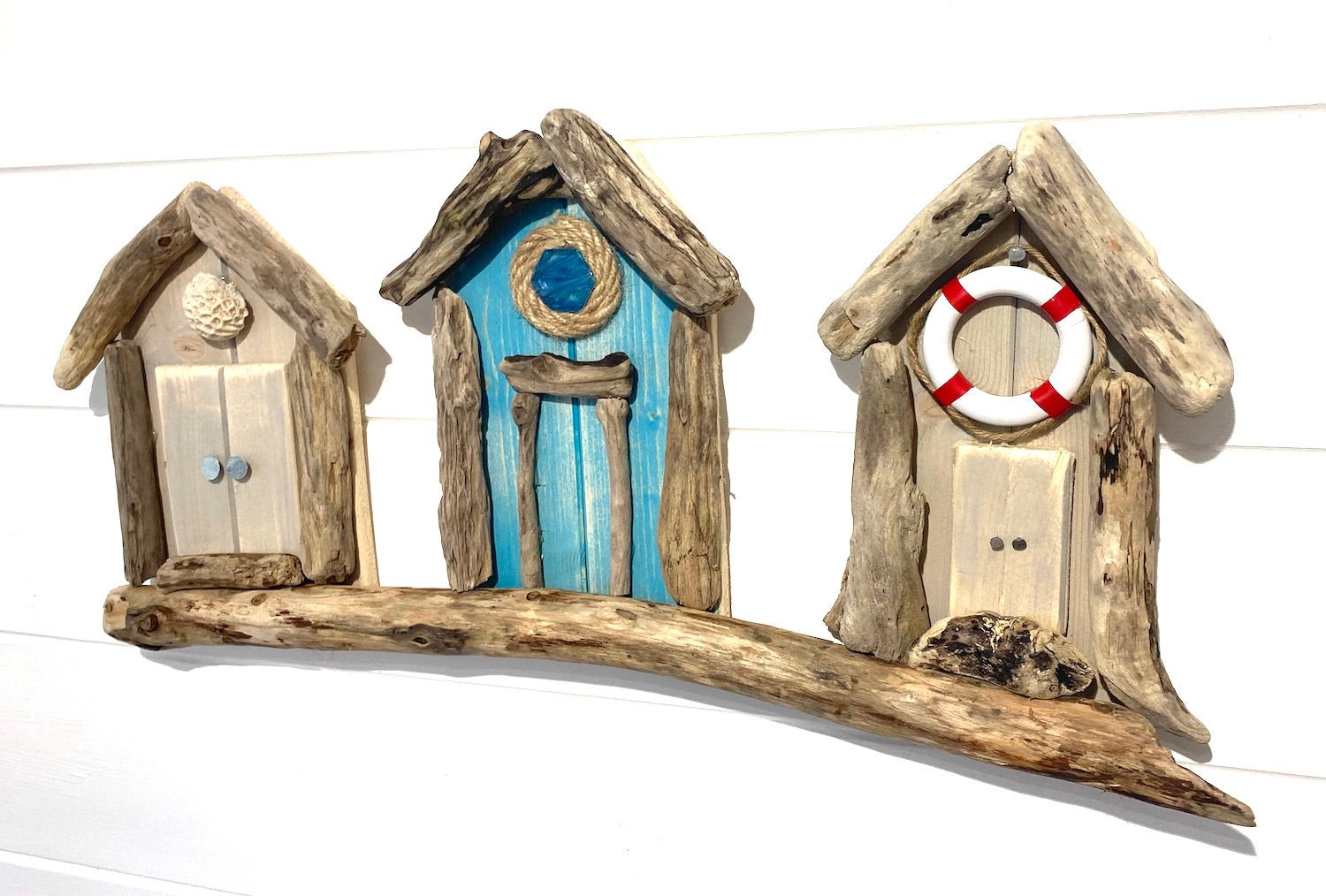 Driftwood Triple Beach Huts - Grey / Turquoise / Grey - Drift Craft by Jo
