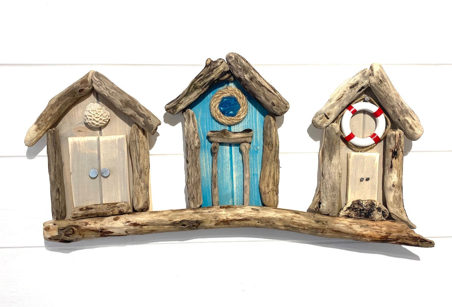 Driftwood Triple Beach Huts - Grey / Turquoise / Grey - Drift Craft by Jo