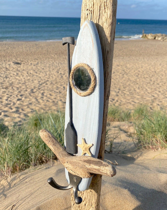 Paddleboard Driftwood Key hooks - Blue with Mirror and Starfish - Drift Craft by Jo